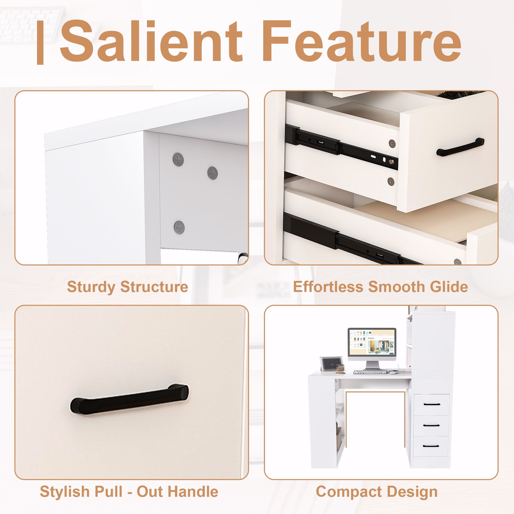 Computer Desk With 4 In 1 Socket & 3 Drawers, 4 Tier Shelves