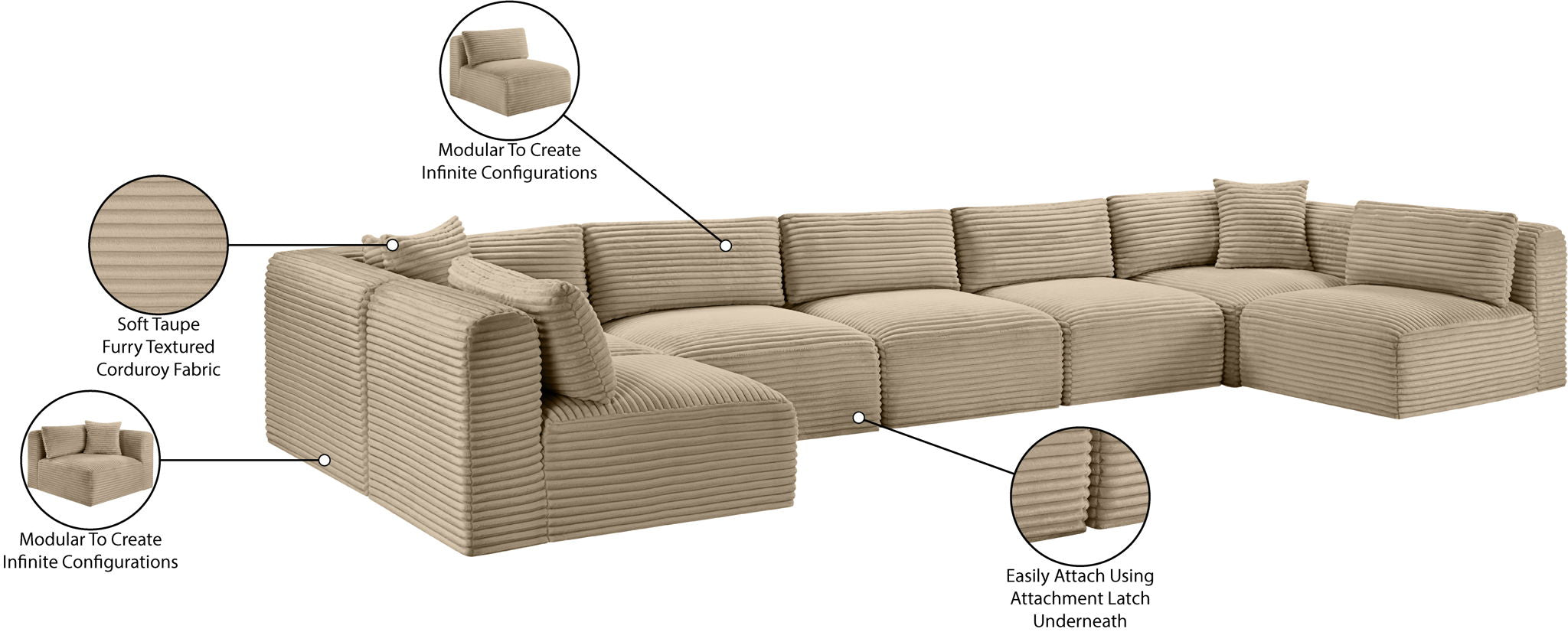 Shaggy - Fabric 7 Piece Modular U-Shaped Armless Sectional