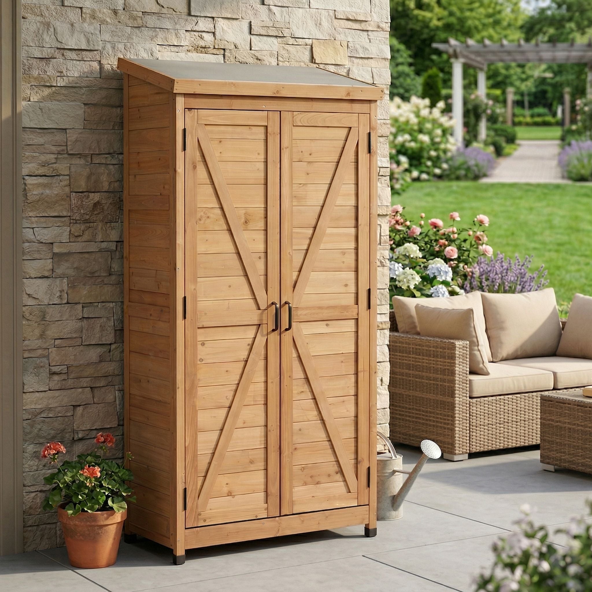 Outdoor Storage Shed With Vertical Tool Cabinet For Backyard