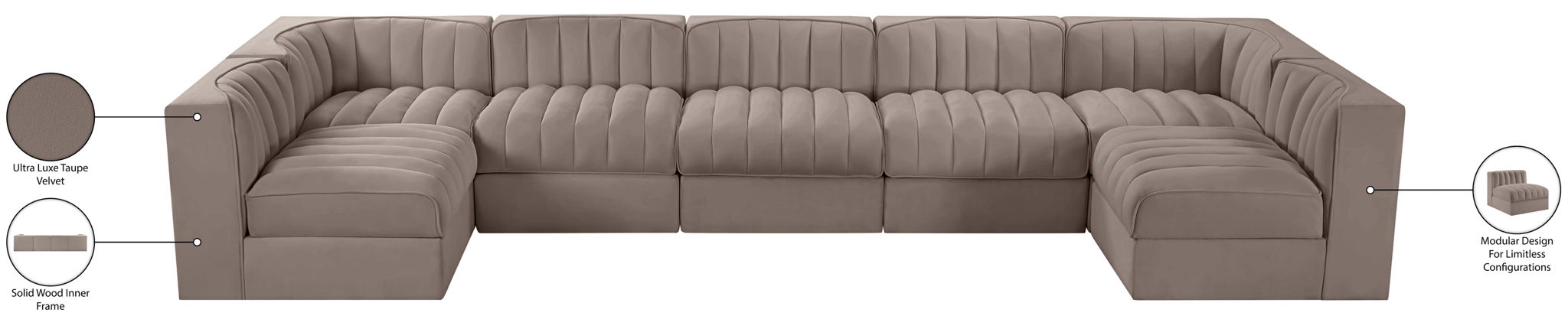 Rummi - Velvet Performance Fabric Upholstered 7 Piece Modular Sectional (With 2 Corner Chairs)