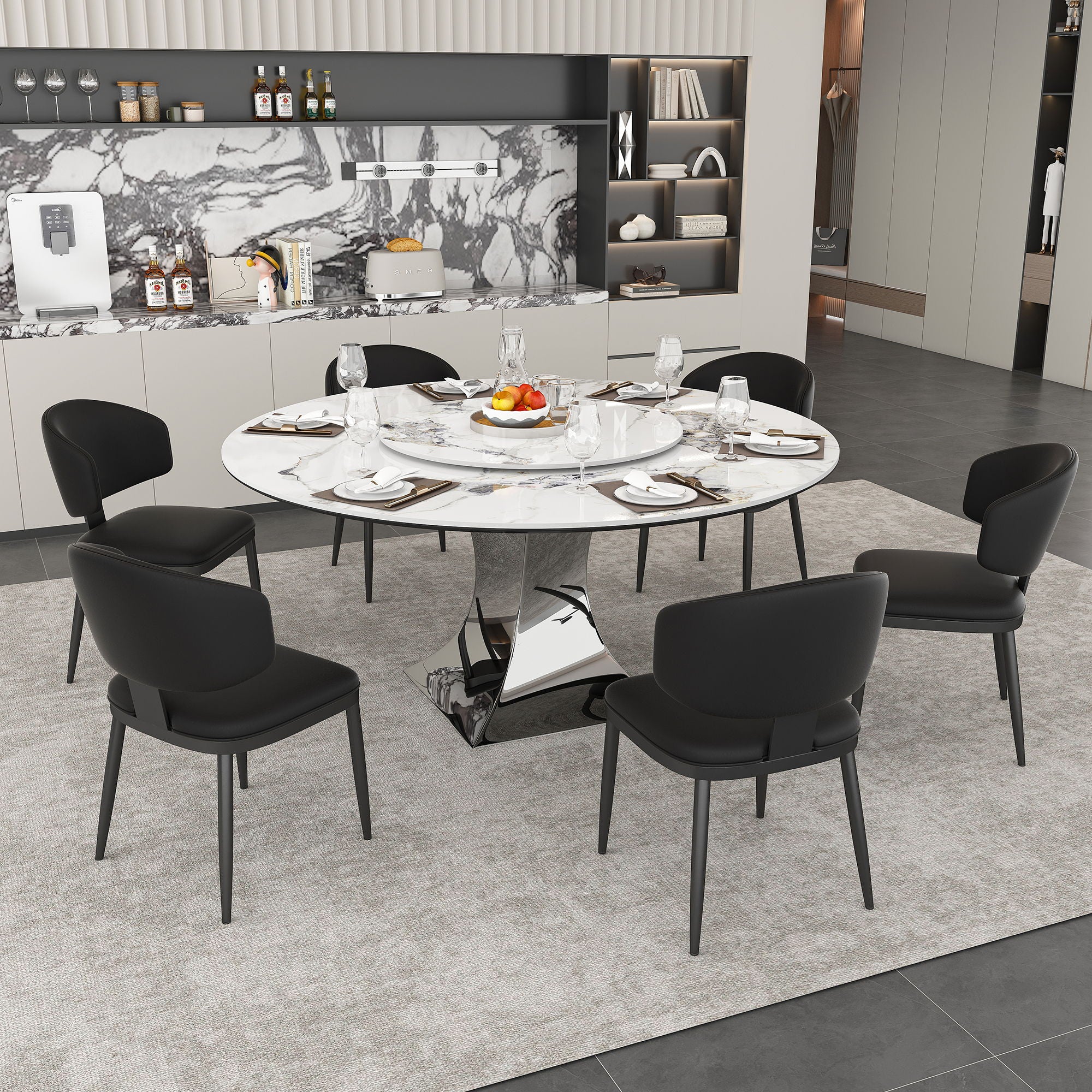 Round Dining Table & 6 Chairs Set - Silver