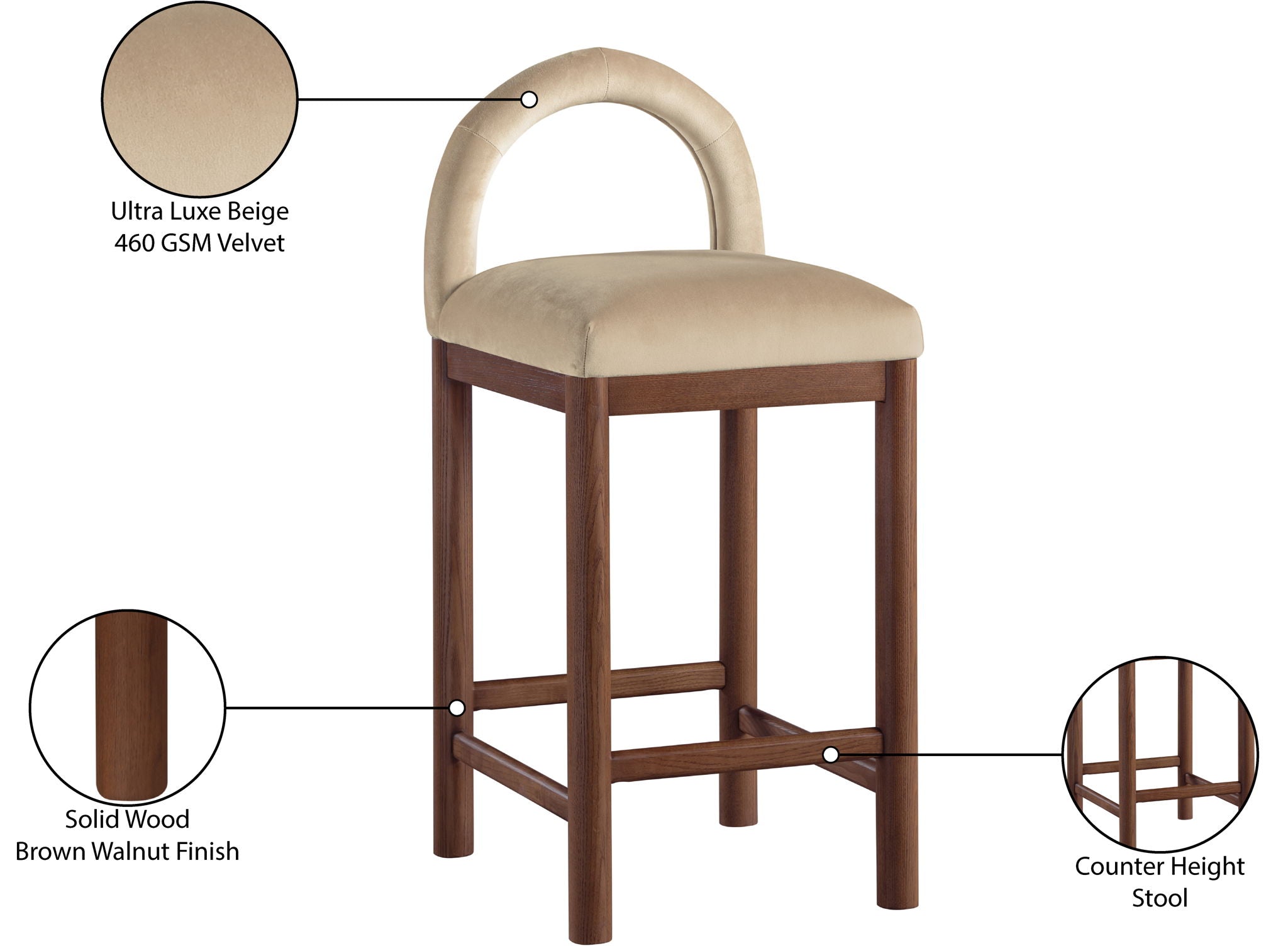 Conrad - Velvet Counter Stool With Brown Legs