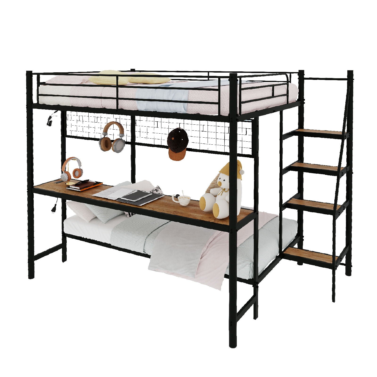Bunk Bed With Built In Desk And LED Lighting