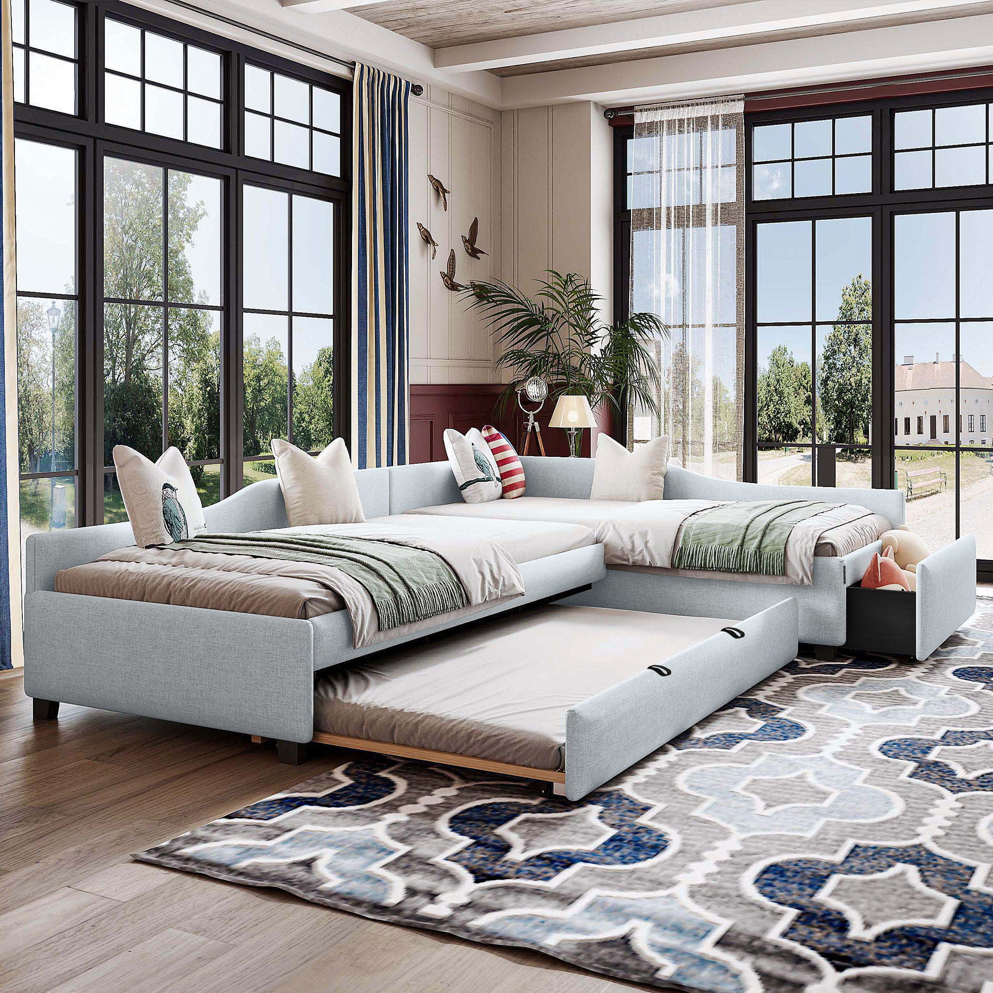 Upholstered Double Daybed With Trundle And Drawer