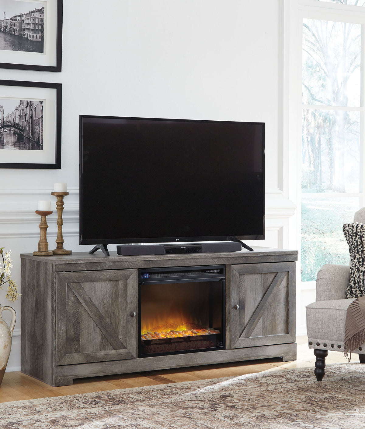 Wynnlow - 63" TV Stand With Glass/Stone Fireplace Insert - Gray
