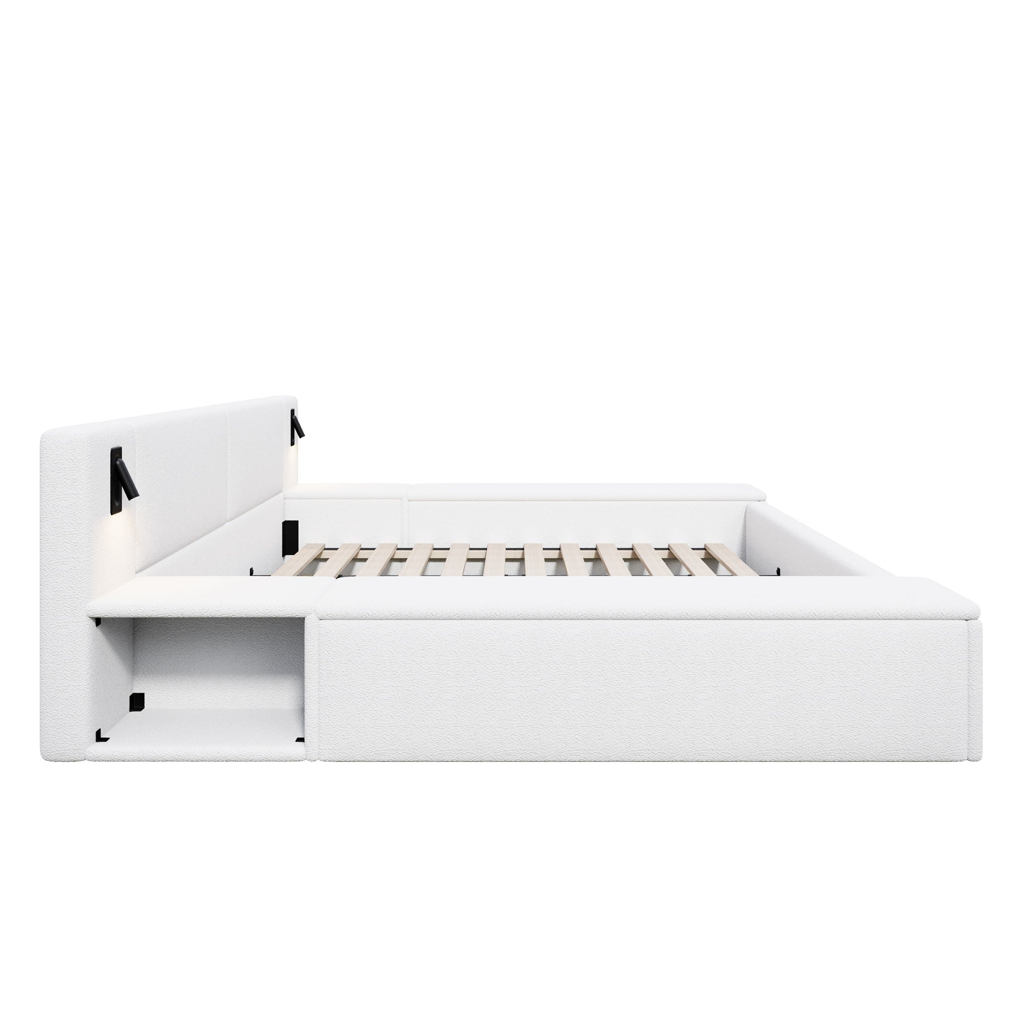 Upholstered Platform Bed Frame With Hidden Storage, Built-In Nightstands & LED Reading Lights