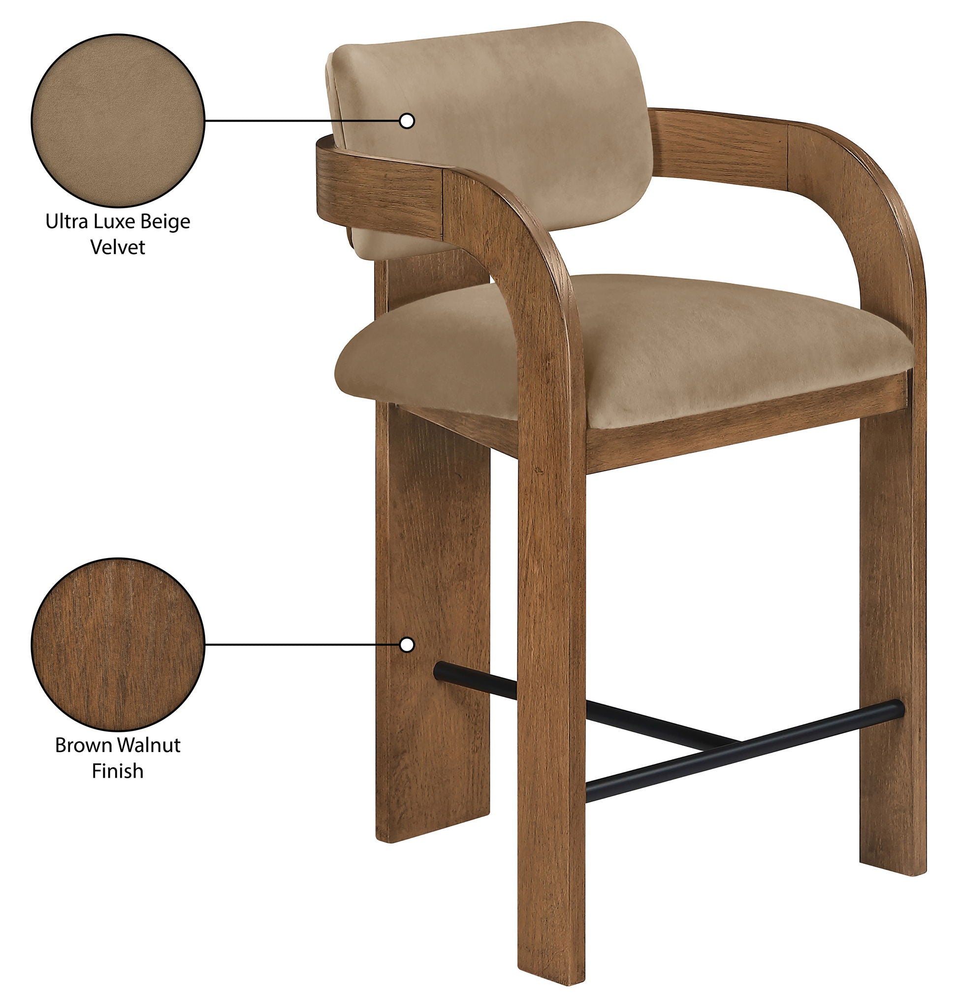 Cedra - Velvet Performance Fabric Upholstered Counter Stool - Brown Frame