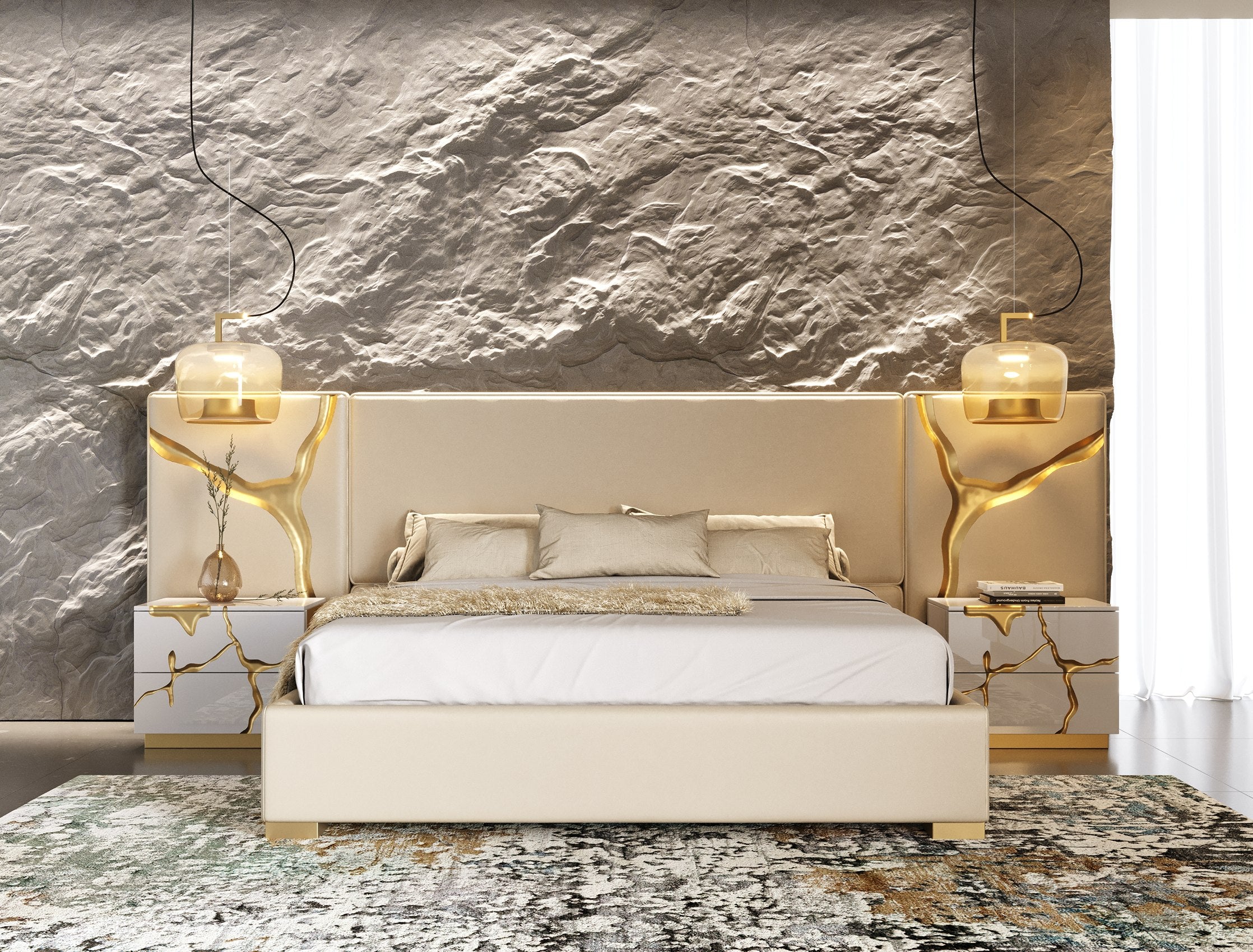 Modrest Aspen - Modern Beige + White + Gold 4-Piece Bedroom Set