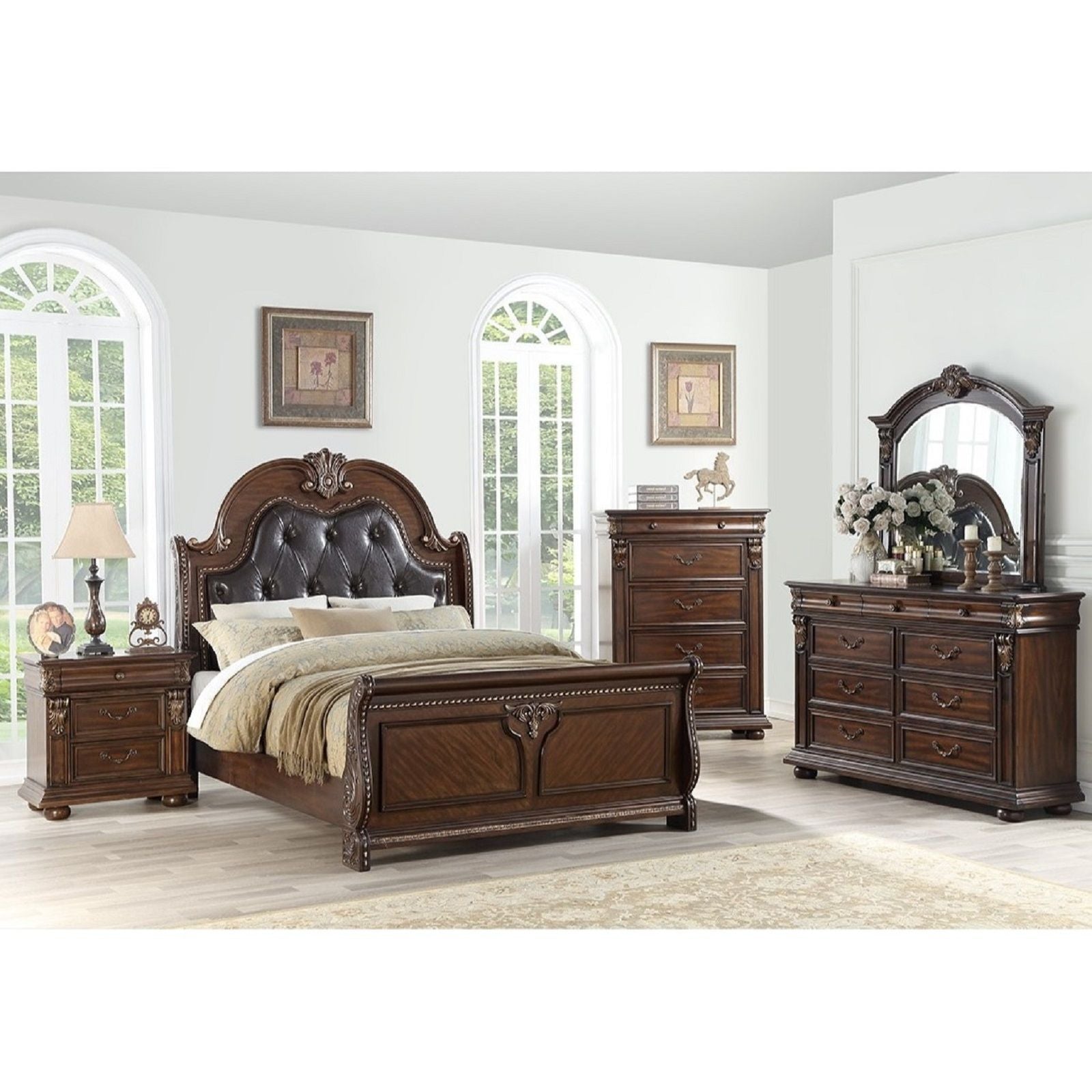 Bed & Carved Padded And Button Tufted Headboard