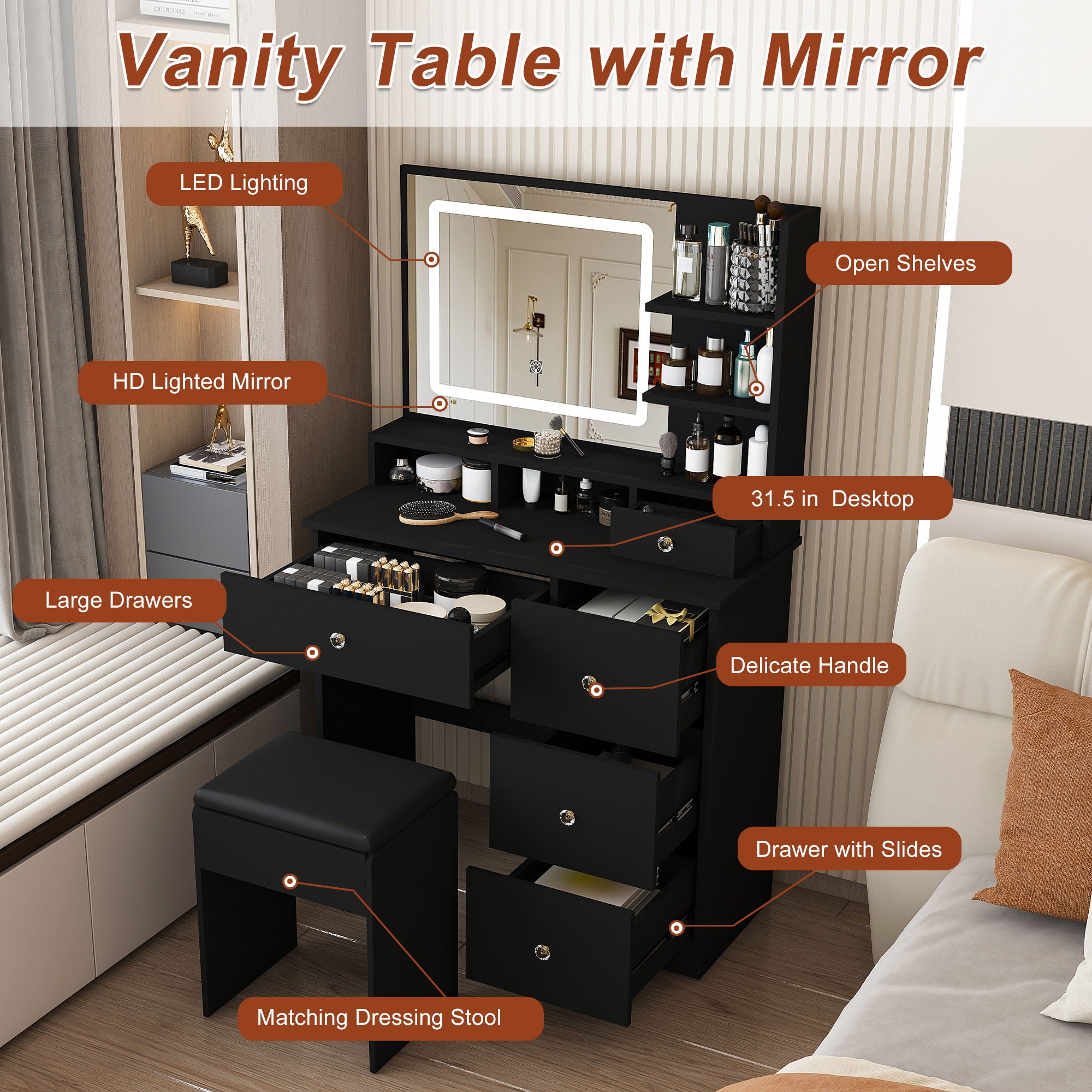 Vanity Desk With Mirror, 3 Color Lighting And Stool