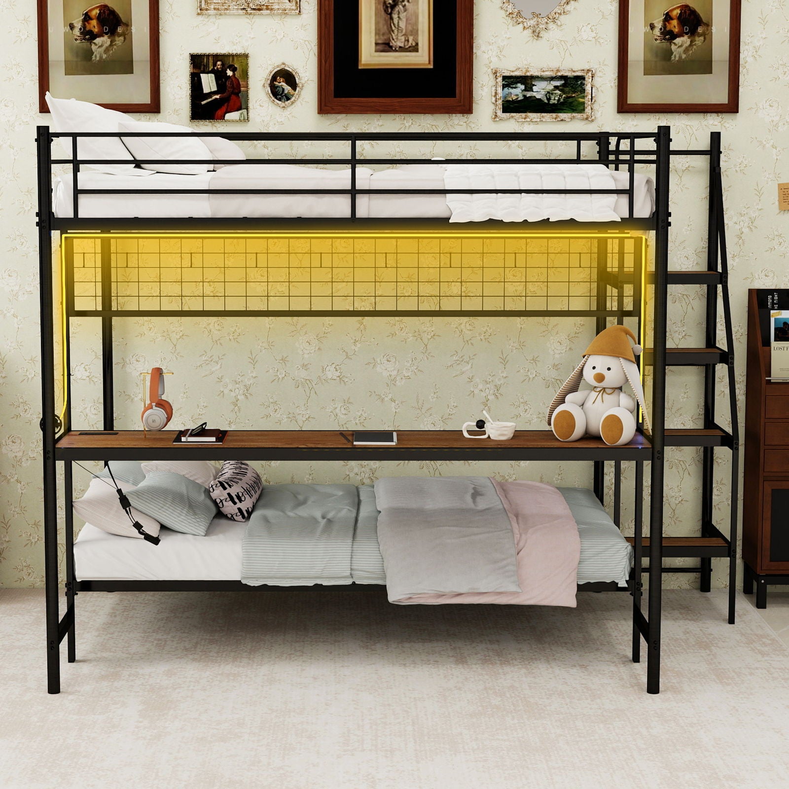 Bunk Bed With Built In Desk And LED Lighting