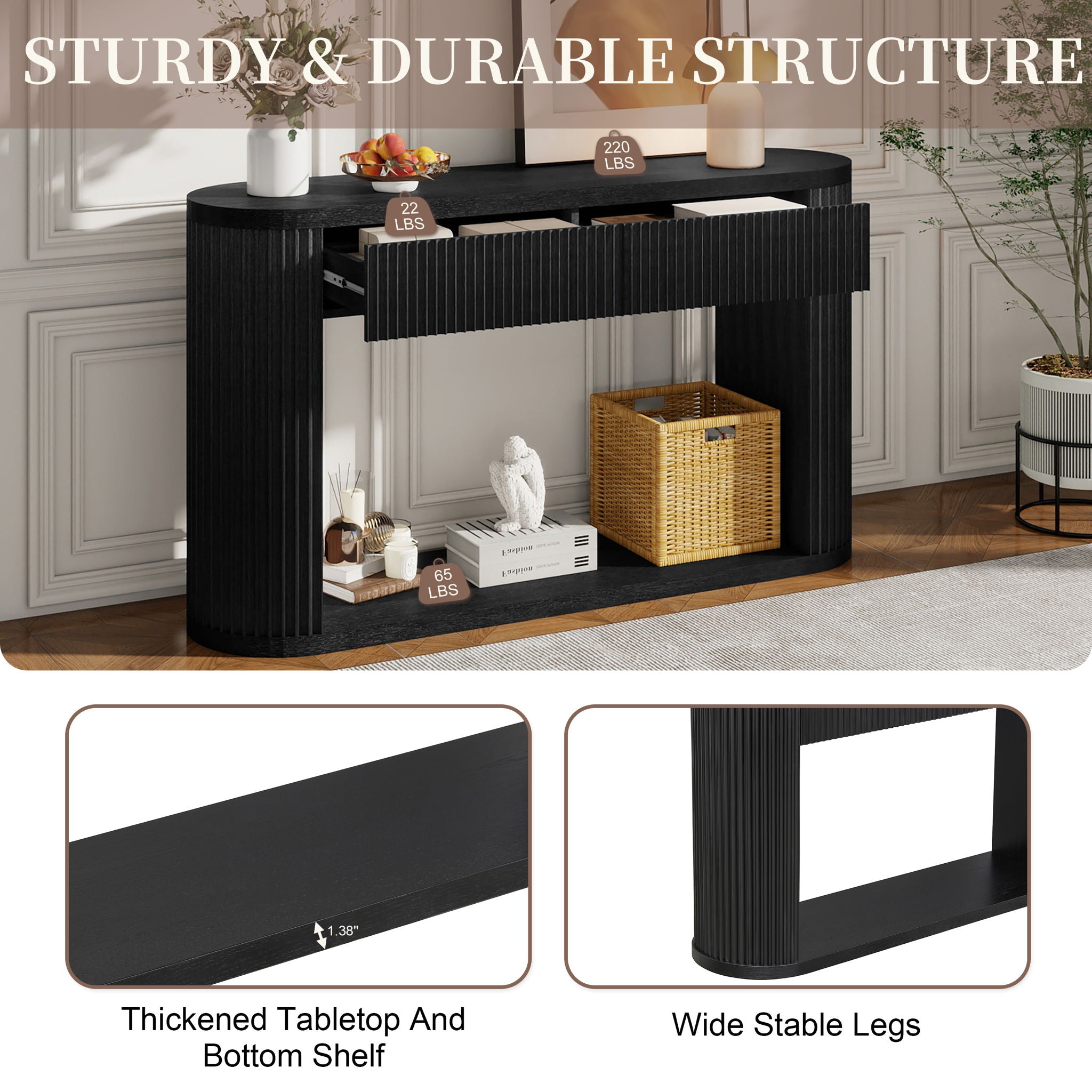 Oval Fluted Console Table With 2 Drawers And Bottom Shelf