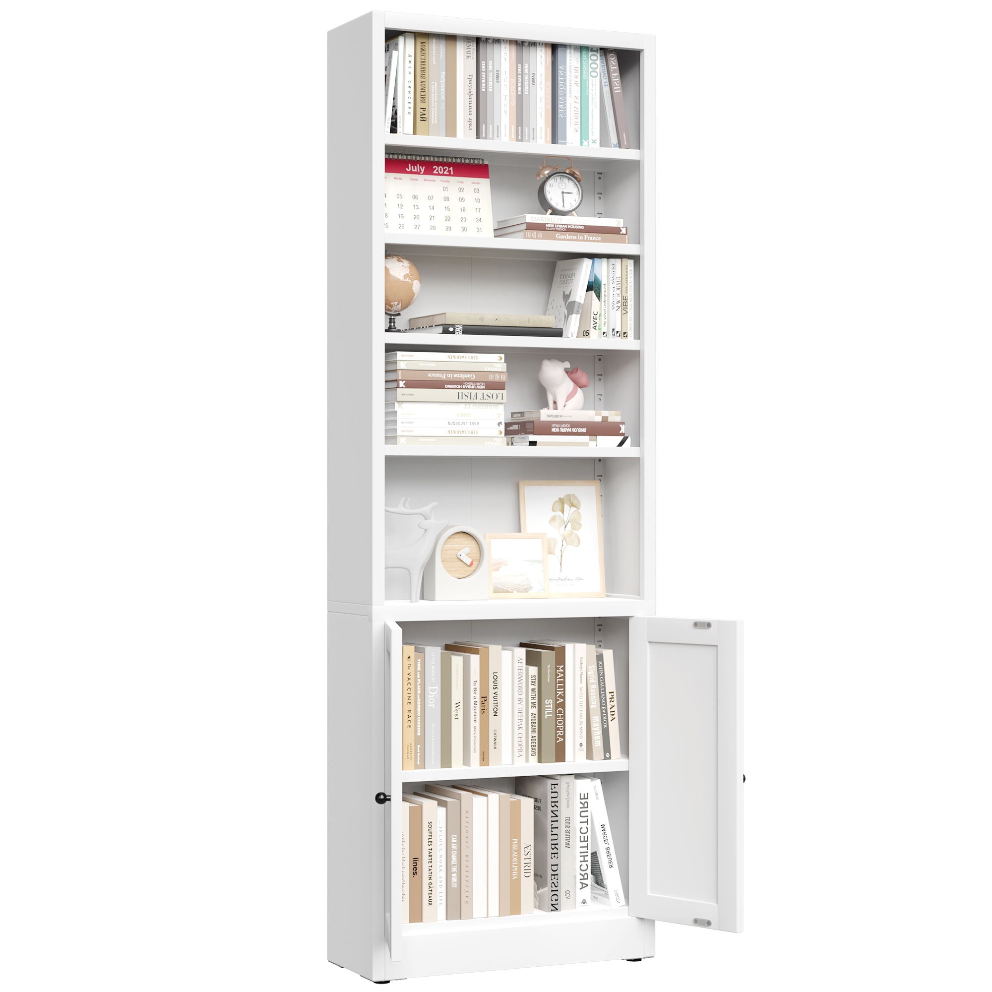 Bookcase Tall 5-Tier Adjustable Storage Shelf With Door Deep - White