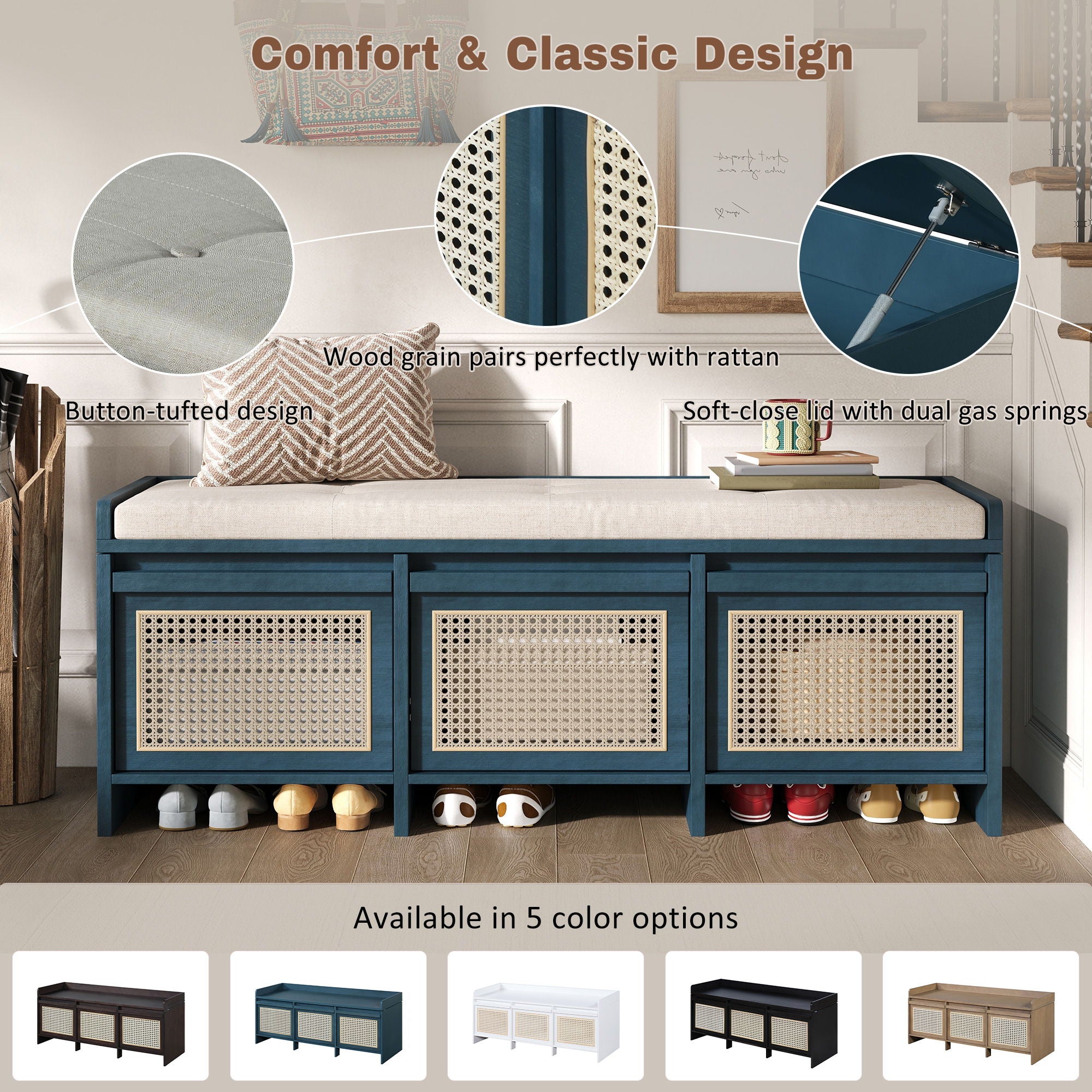 Entryway Shoe Bench With Drawers & Button Tufted Cushion