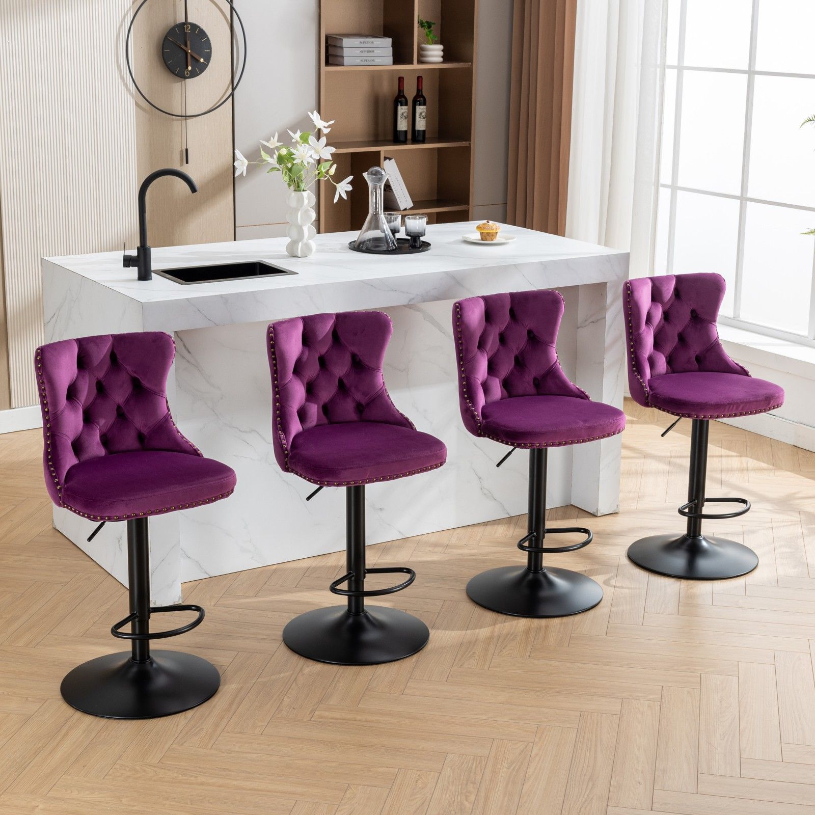 Swivel Barstools Adjusatble Seat Height, Modern Upholstered Bar Stools With Backs Comfortable Tufted For Home Pub And Kitchen Island (Set of 2)