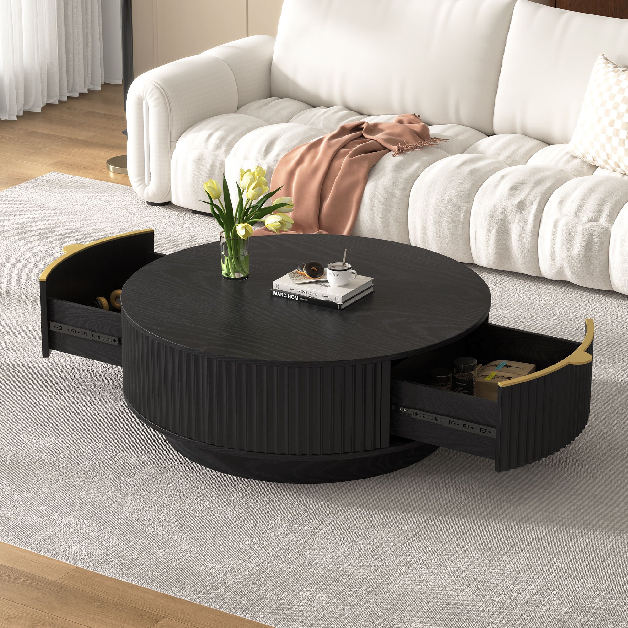 Farmhouse Round Coffee Table With Storage Drawer