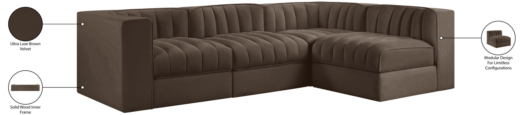 Rummi - Velvet Performance Fabric Upholstered 4 Piece Modular Sectional