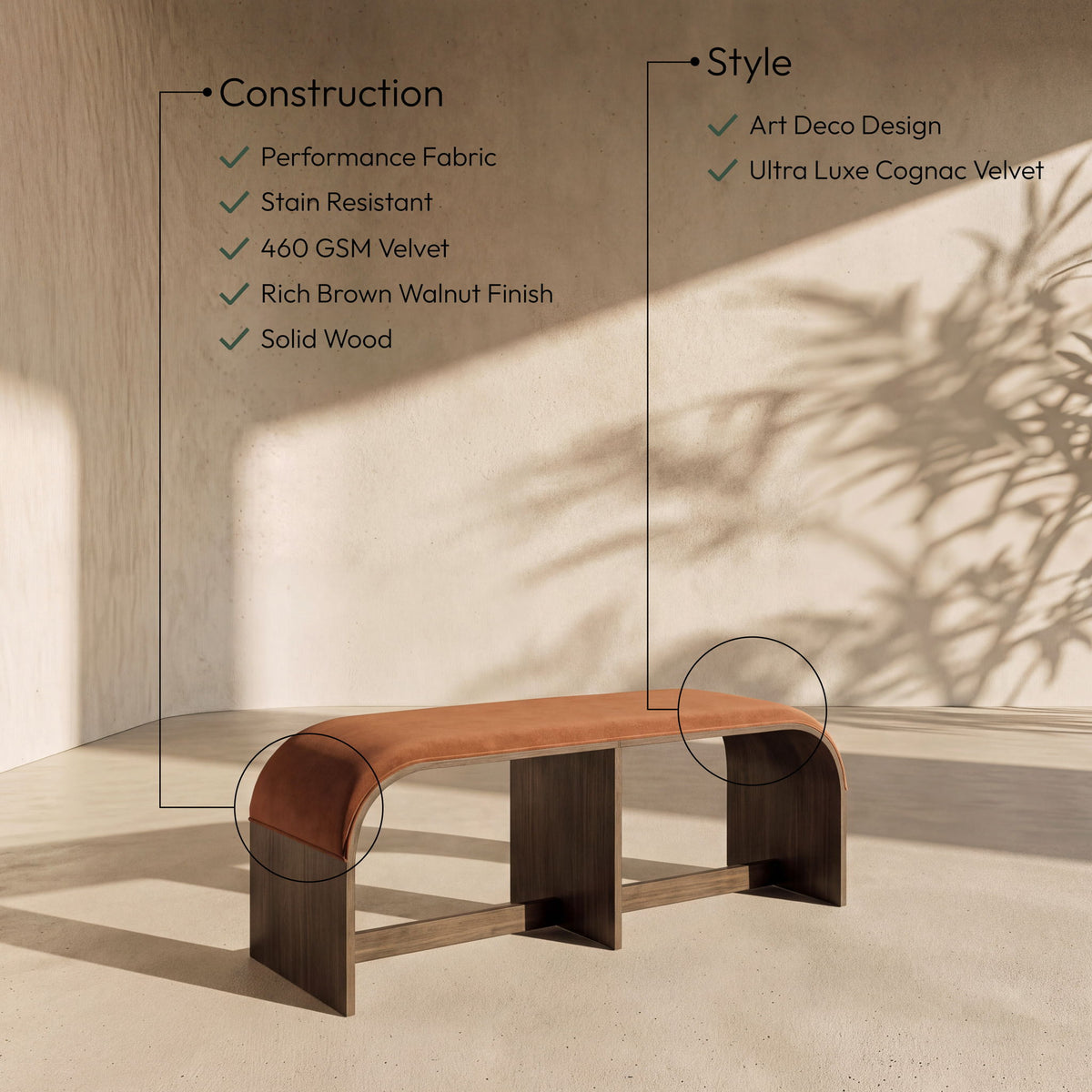 Sable - 52" Velvet Performance Fabric Upholstered Bench