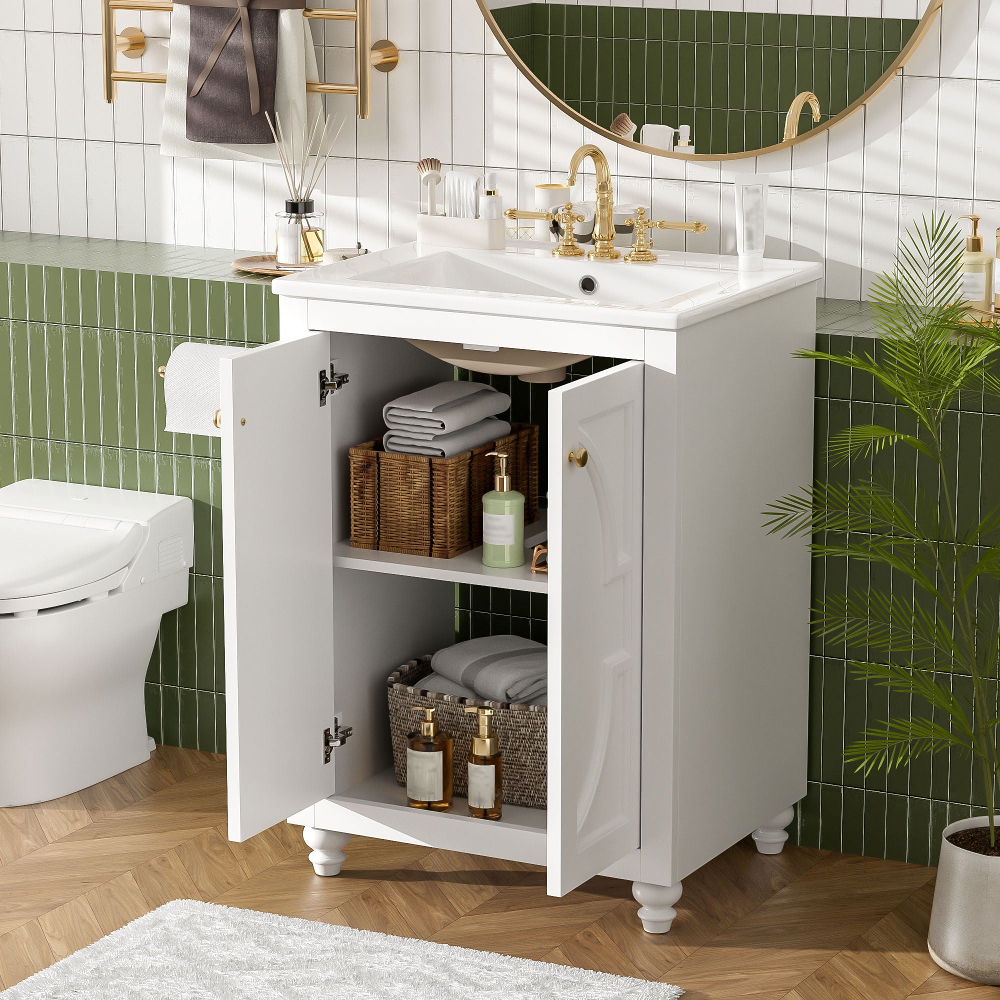 Bathroom Vanity With Ornate Elliptical Motif, Soft Close Hinges
