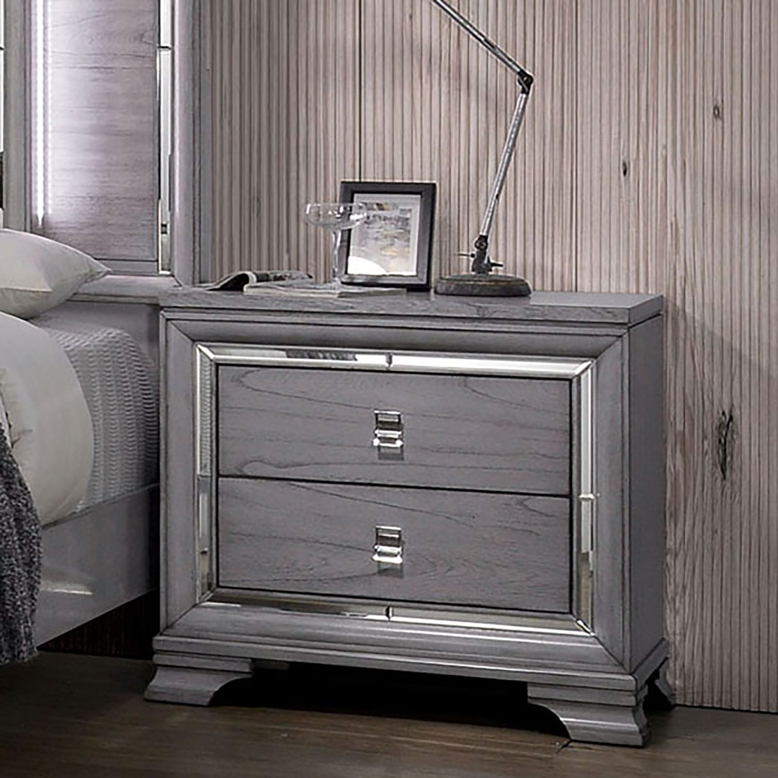 Nightstand With Mirror Trim - Light Gray