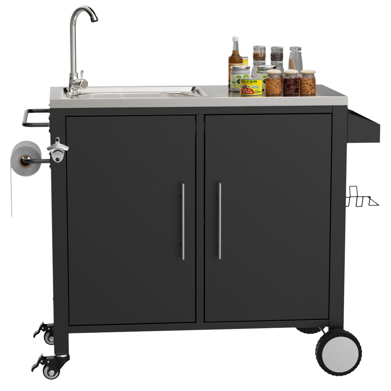 Outdoor Grill Table With Sink, Grill Cart With Sink And Cabinet With Wheels - Black / Silver