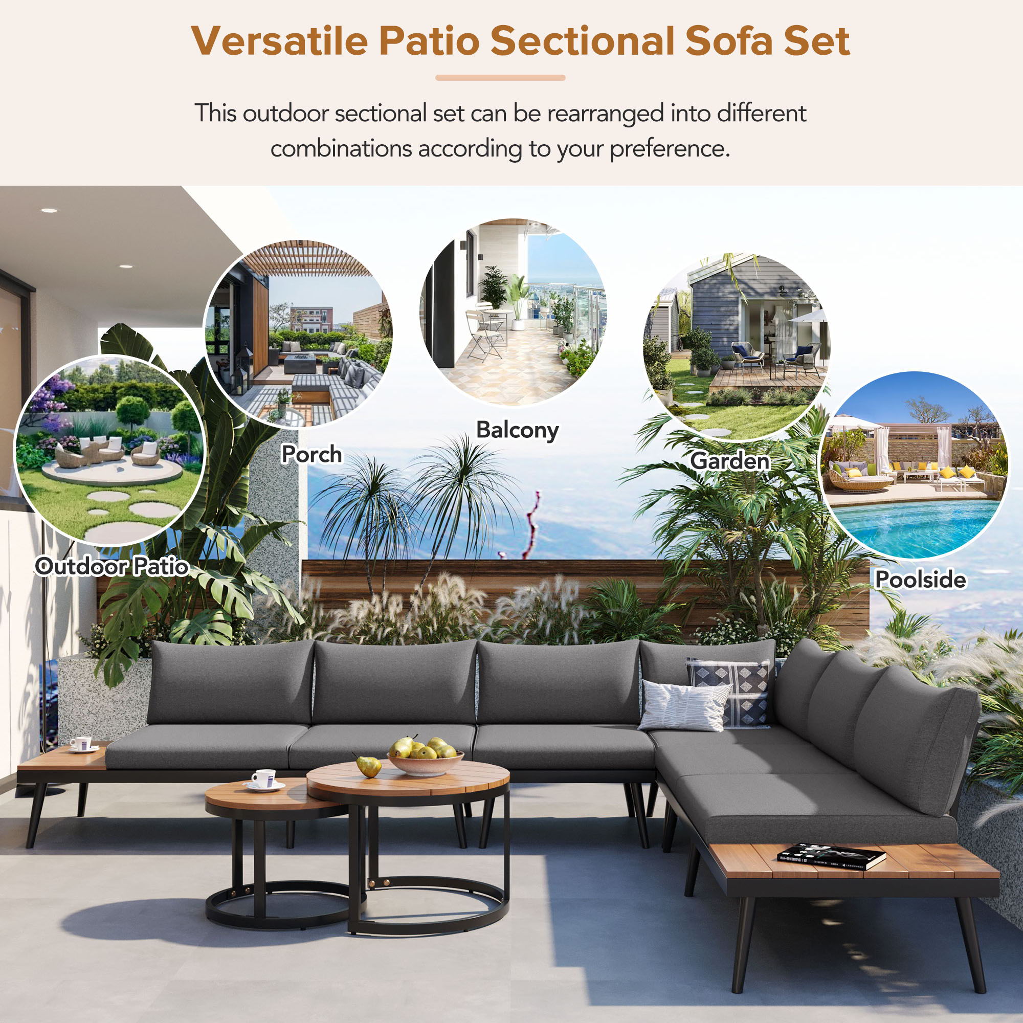 Modern Outdoor Sectional Sofa Set With Nesting Coffee Tables
