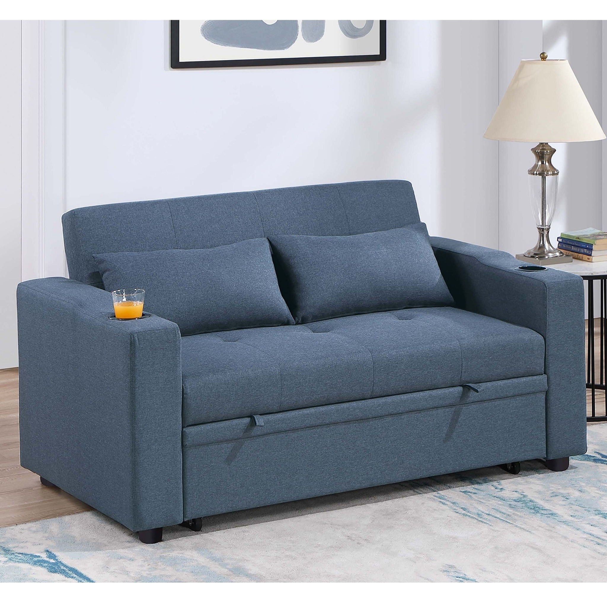Modern Style Convertible Sofa With Pull-Out Bed, USB Ports & Cup Holders
