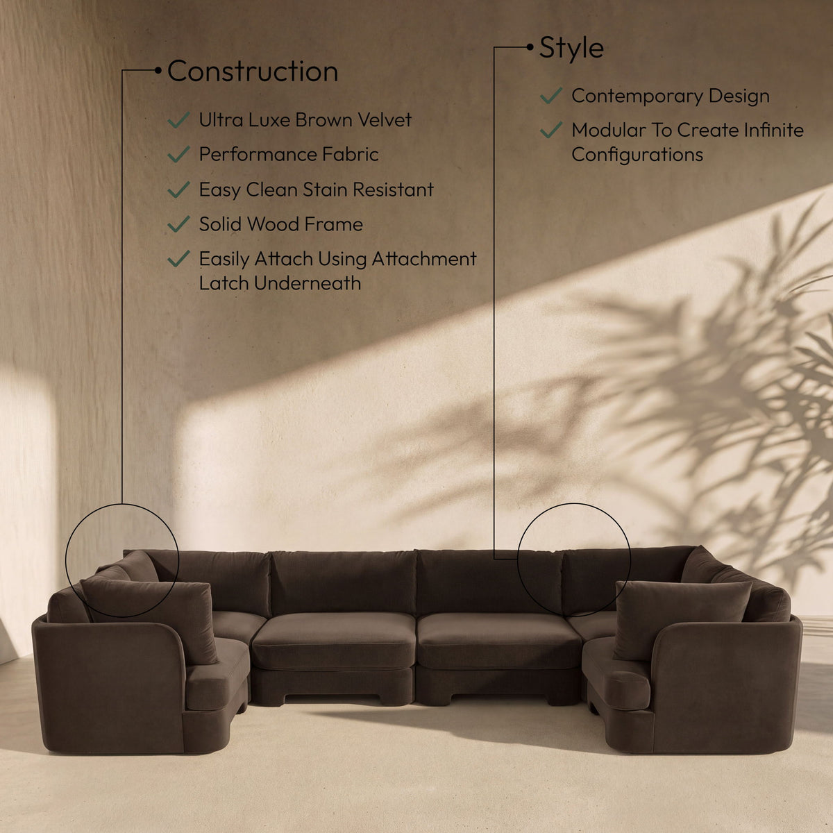 Hammond - Velvet Performance Fabric Upholstered 6 Piece U-Shaped Sectional