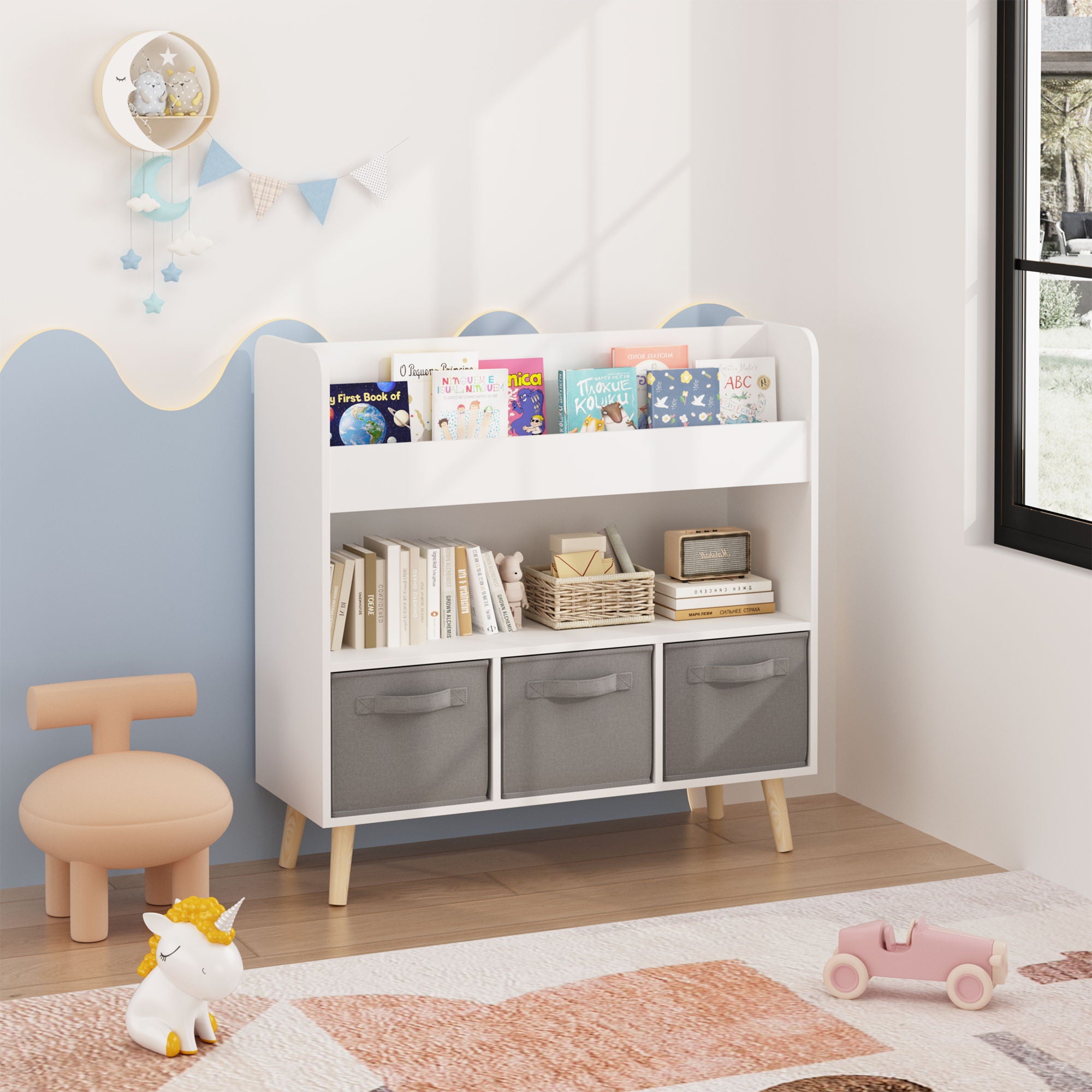 Bookshelf With 3 Bins, Storage Shelf For Toys And Books