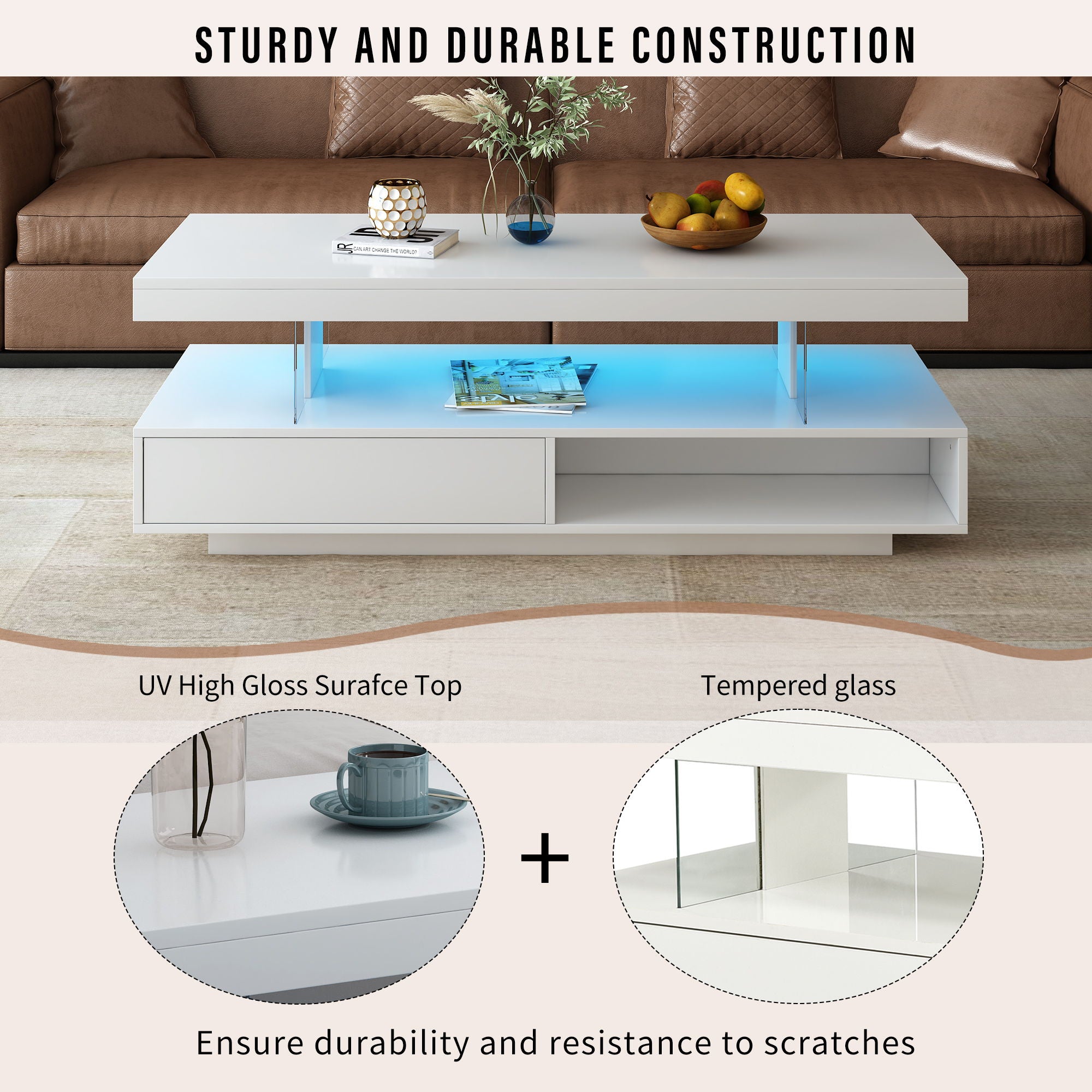 LED Coffee Table With Storage, Modern Center Table With 2 Drawers And Display Shelves, Accent Furniture With LED Lights For Living Room - White