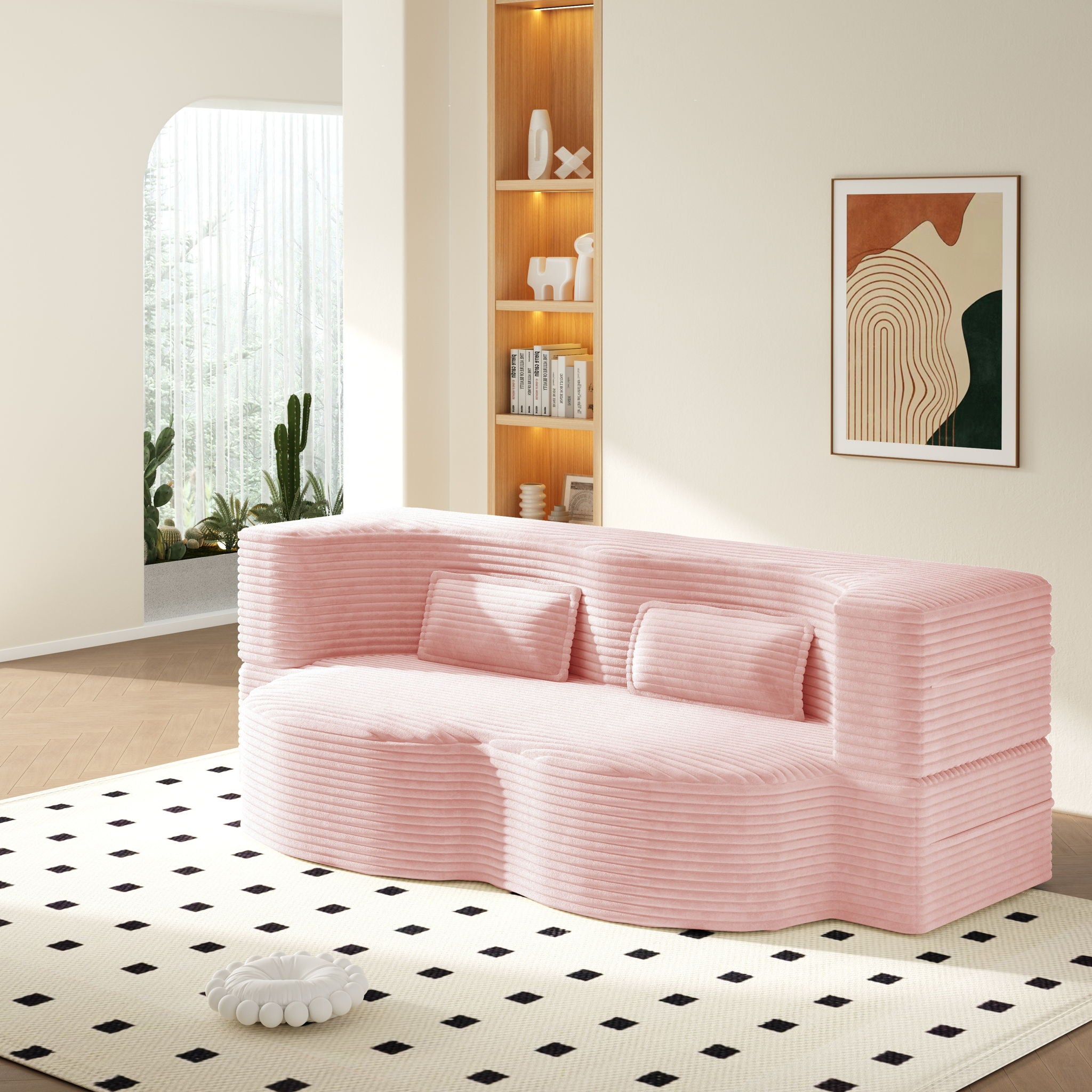 Modern Floor Sofa With 2 Pillows, Convertible Twin Size Folding Mattress For Living Room
