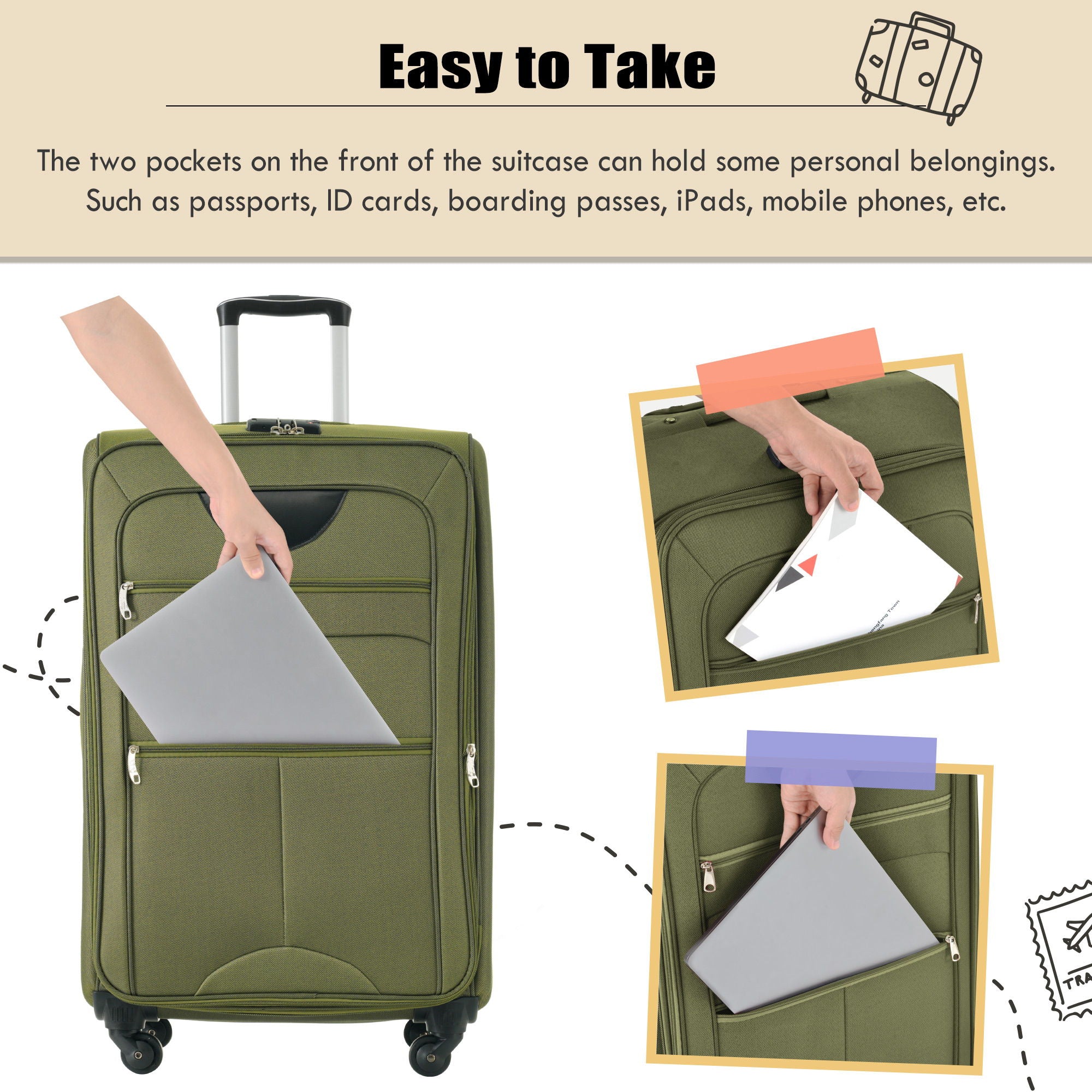 Softside Luggage 3 Piece Set With Duffel Bag 22" / 26" / 30" Lightweight Expandable Spinner Travel Case - Army Green