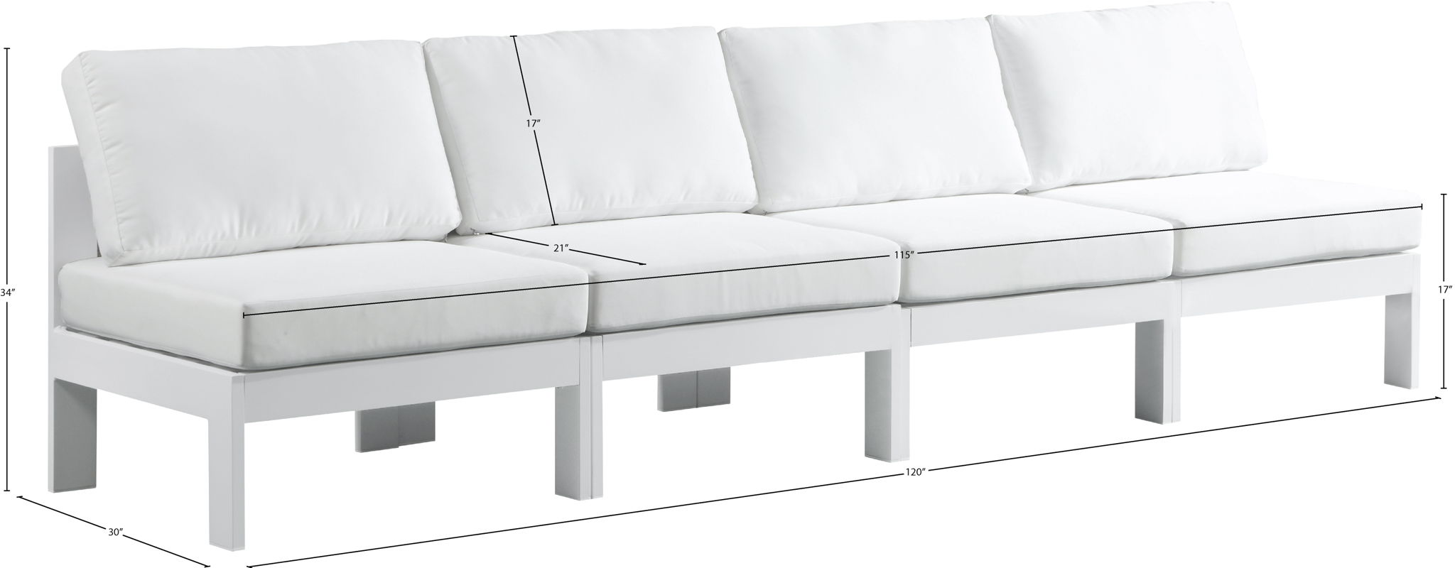 Nizuc - Outdoor Patio 4 Seat Armless Modular Sofa With White Frame