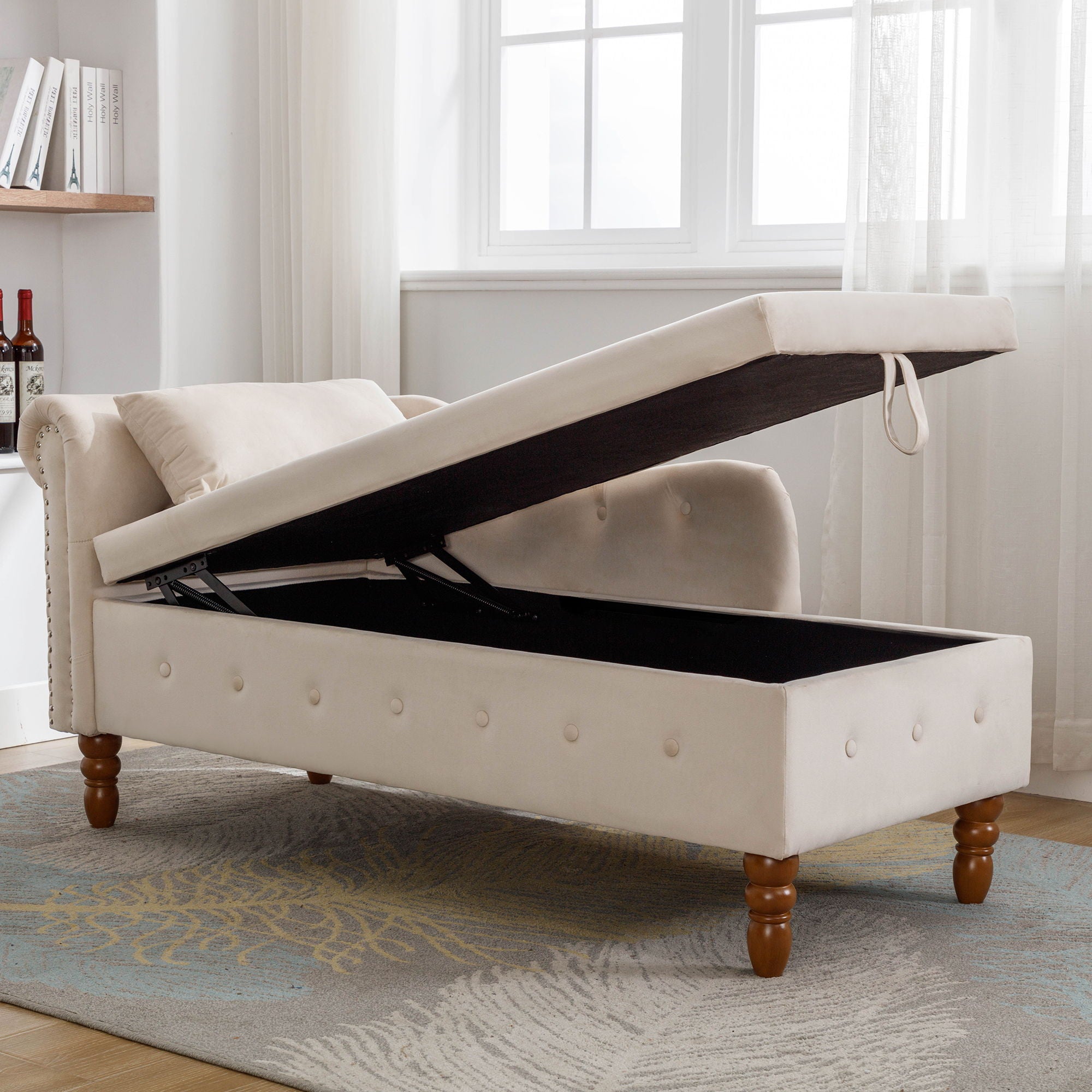 Chaise Lounge Indoor, Lounge Chair For Bedroom With Storage & Pillow, Modern Upholstered Rolled Arm Chase Lounge For Sleeping With Nailhead Trim For Living Room Bedroom Office