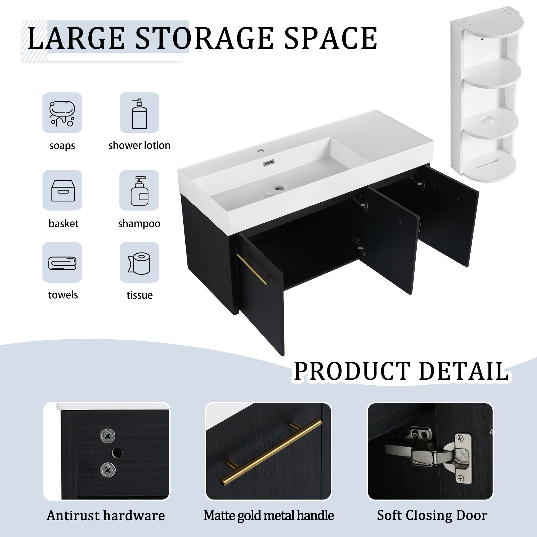 Modern Wall Mounted Bathroom Vanity With Left Sink And Storage Rack