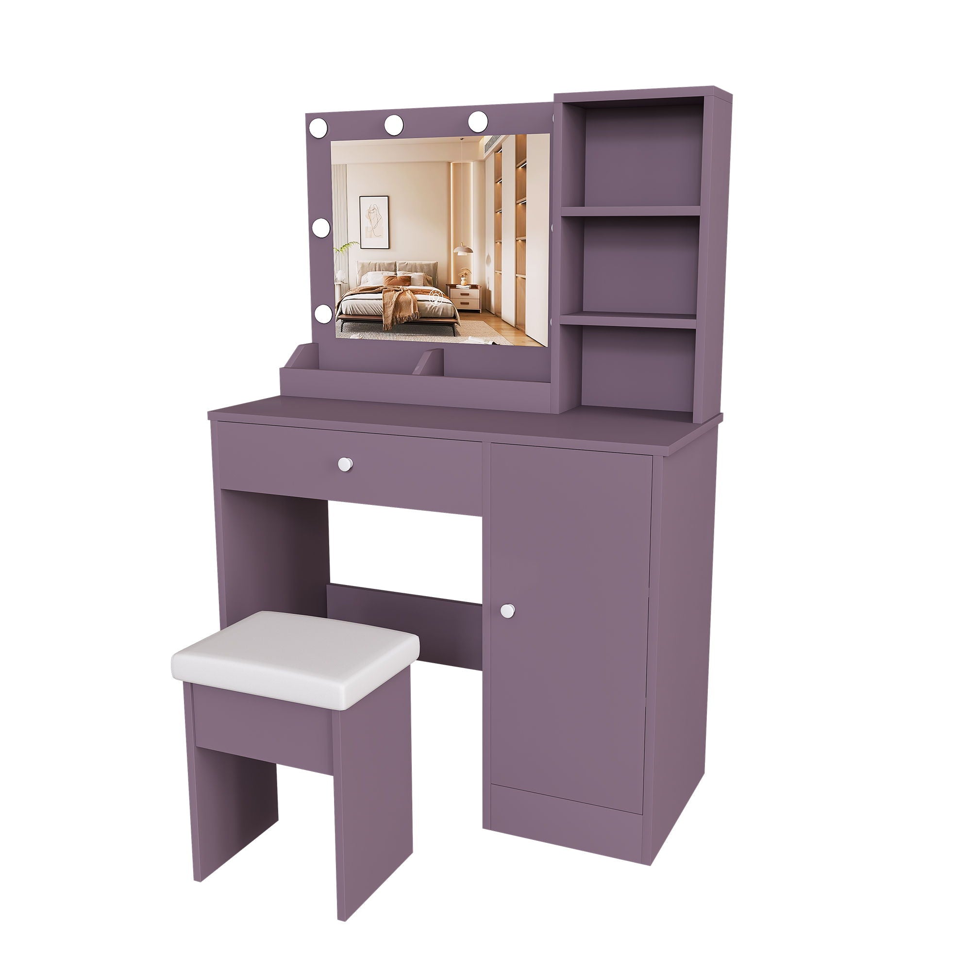 Vanity Desk Set With Padded Stool And Adjustable LED Mirror, 3 Color Light Modes - Purple