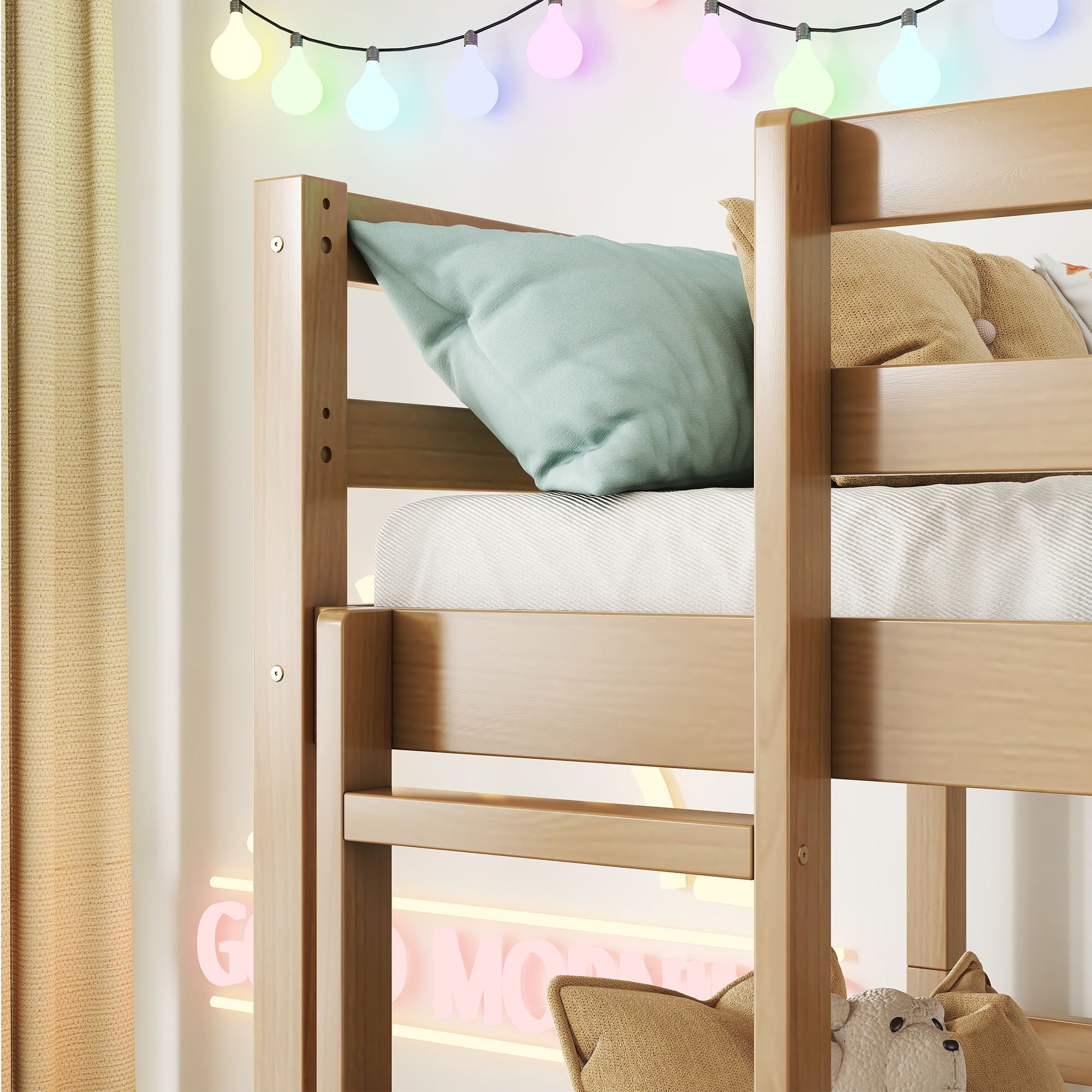 Twin Over Twin Over Twin Triple Bunk Bed With 2 Built In Ladders, Guardrails - Natural