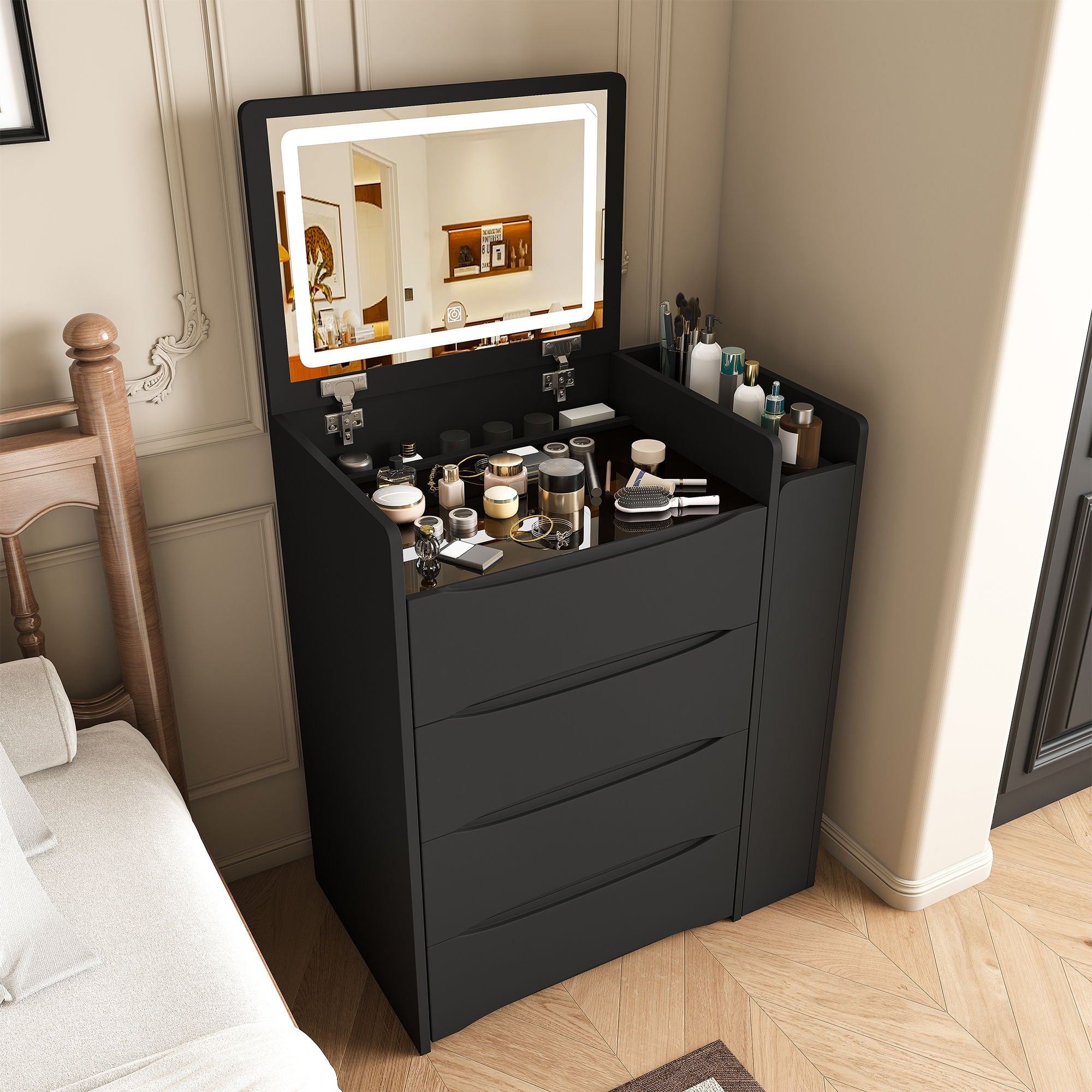 Flip Mirror Vanity Desk With Adjustable LED Lights & Stool For Bedroom
