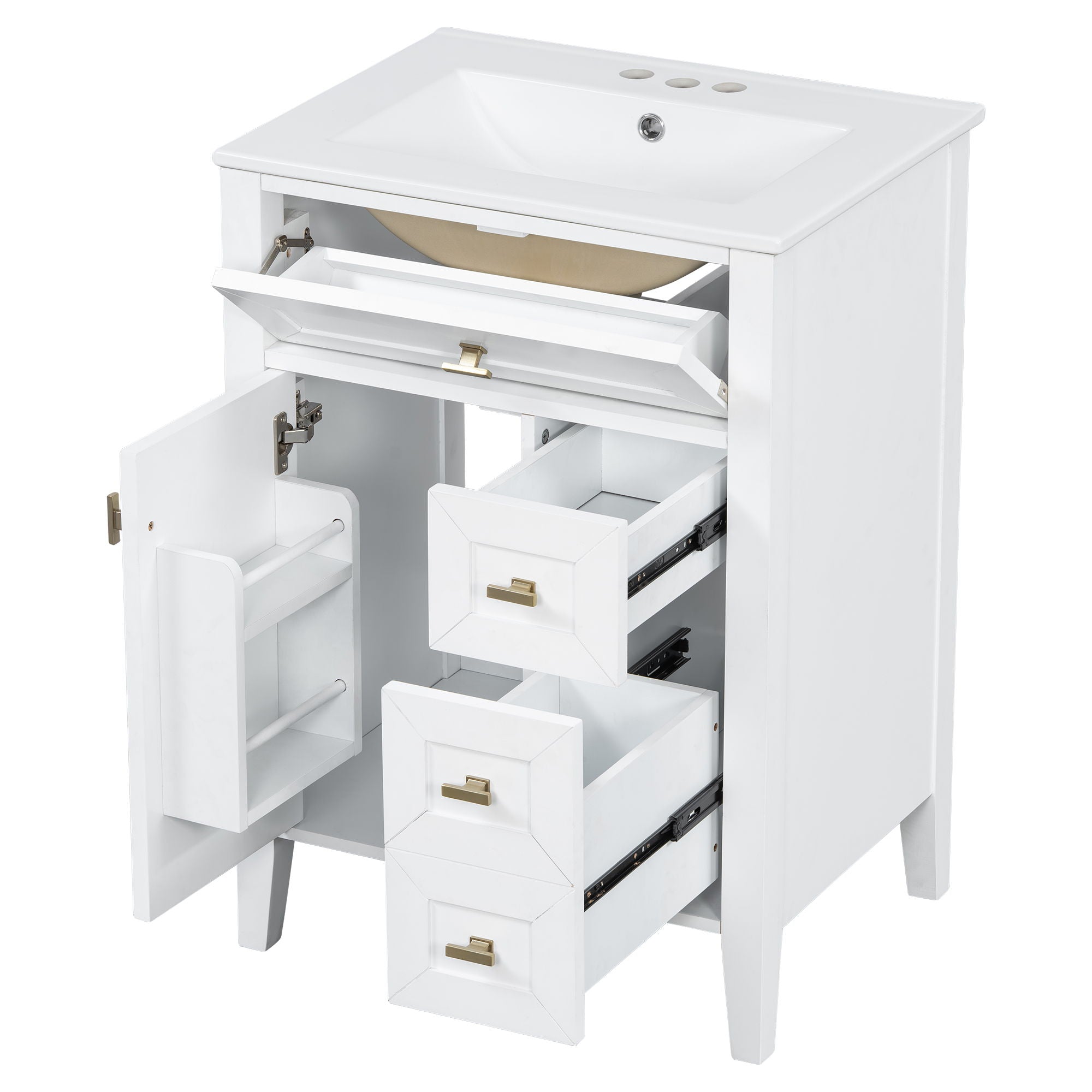 Bathroom Vanity With Sink, 3 Drawers & Cabinet With 2 Tier Door Storage Rack, Soft Close Doors & Drawers