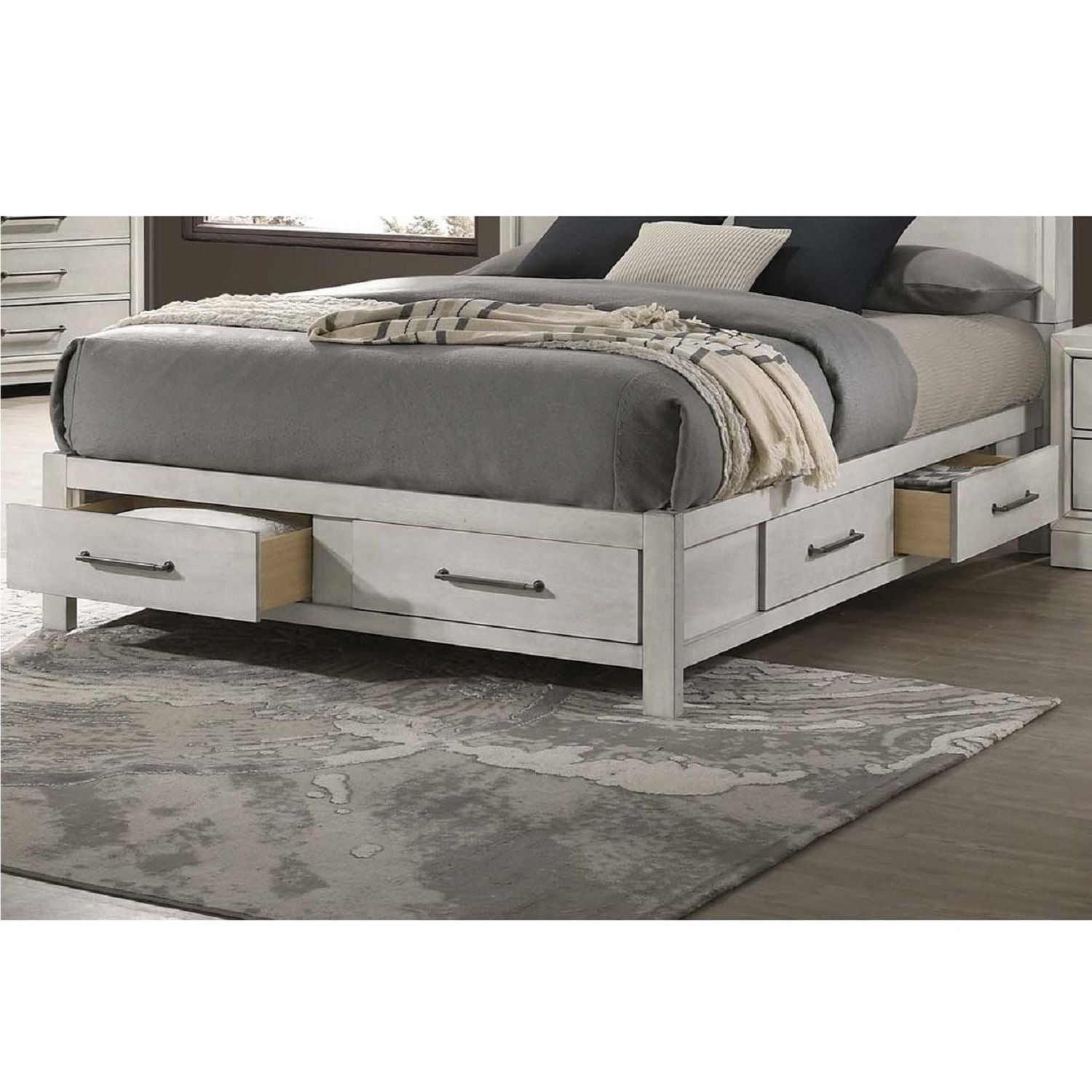 Transitional Bed With Smooth Gliding Drawers, Built In Lights, Open Headboard Shelves