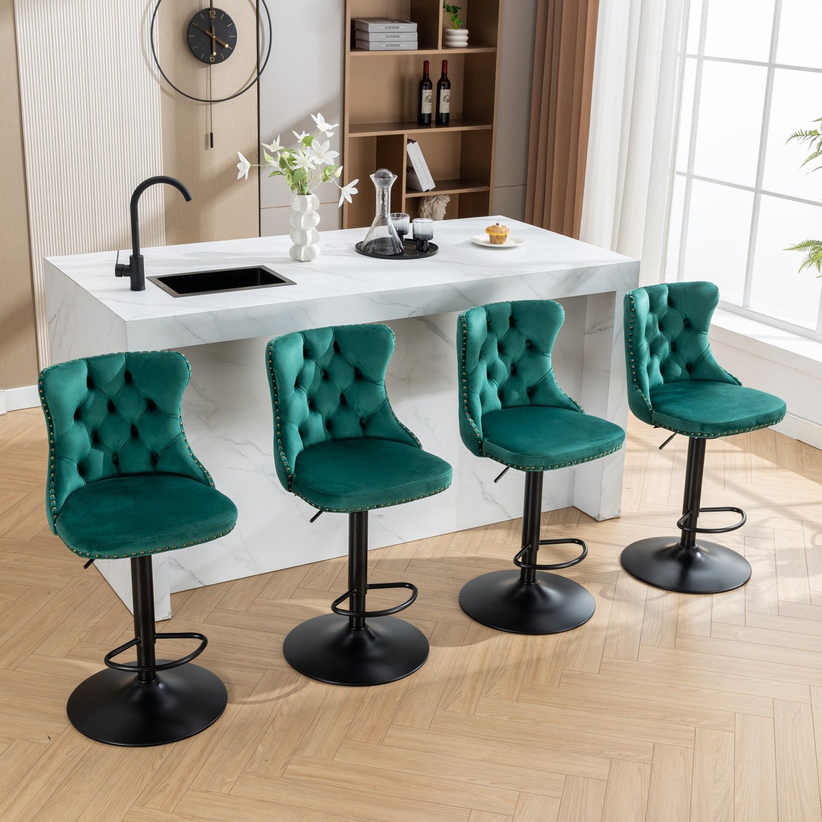 Swivel Barstools Adjusatble Seat Height, Modern Upholstered Bar Stools With Backs Comfortable Tufted For Home Pub And Kitchen Island (Set of 2)