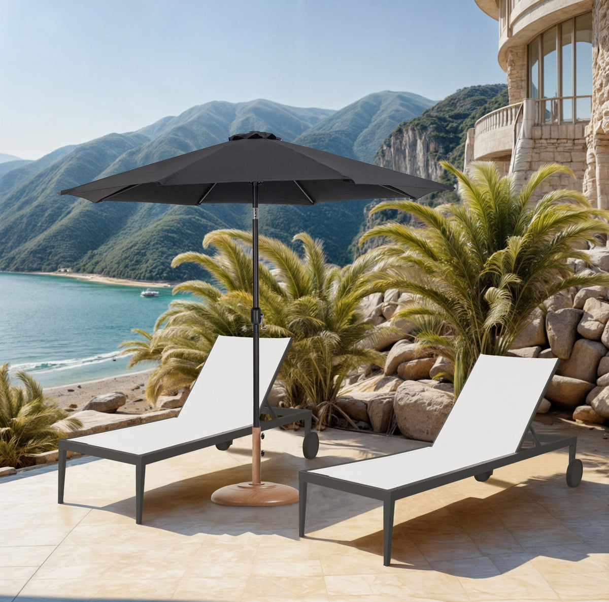 Fiji - Aluminum Patio Umbrella With Round Teak And Black Base