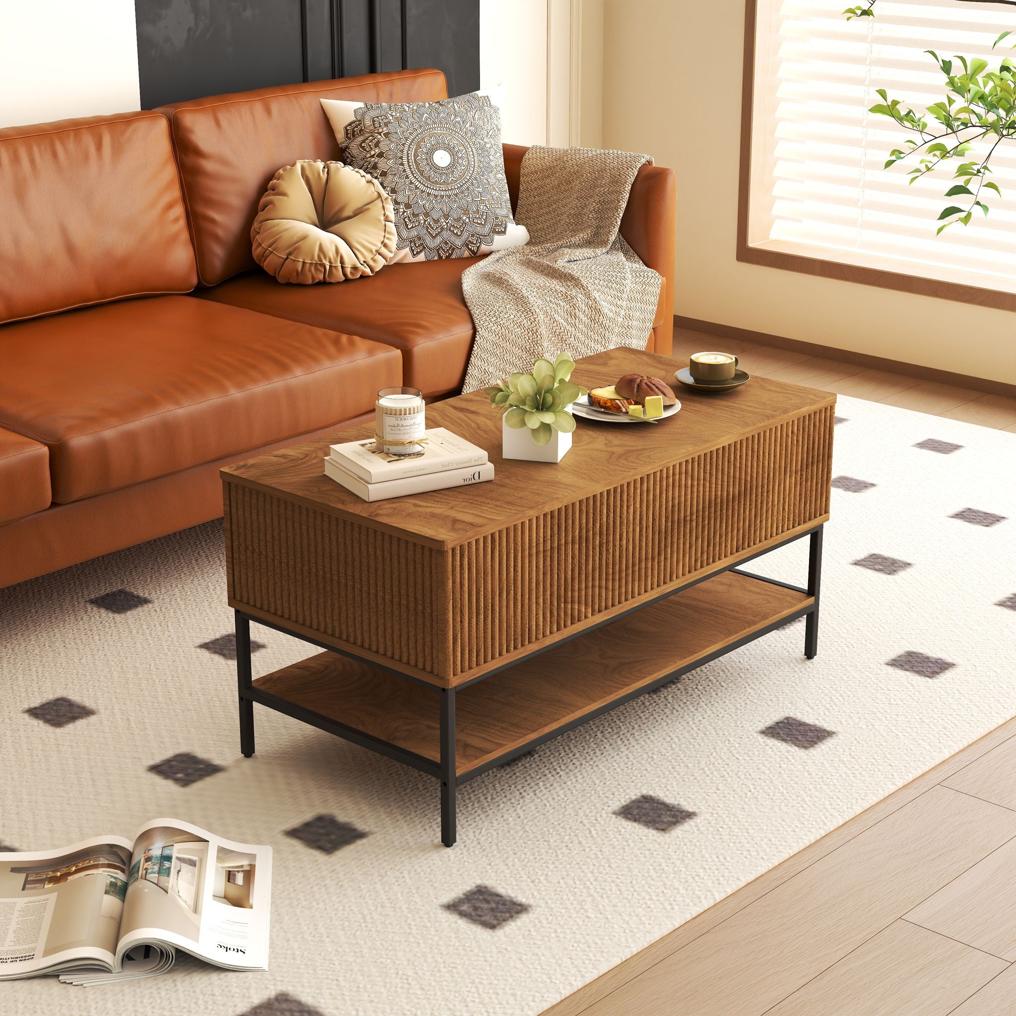 Rectangle Lift Top Coffee Table With Hidden Storage And Lower Shelf - Brown
