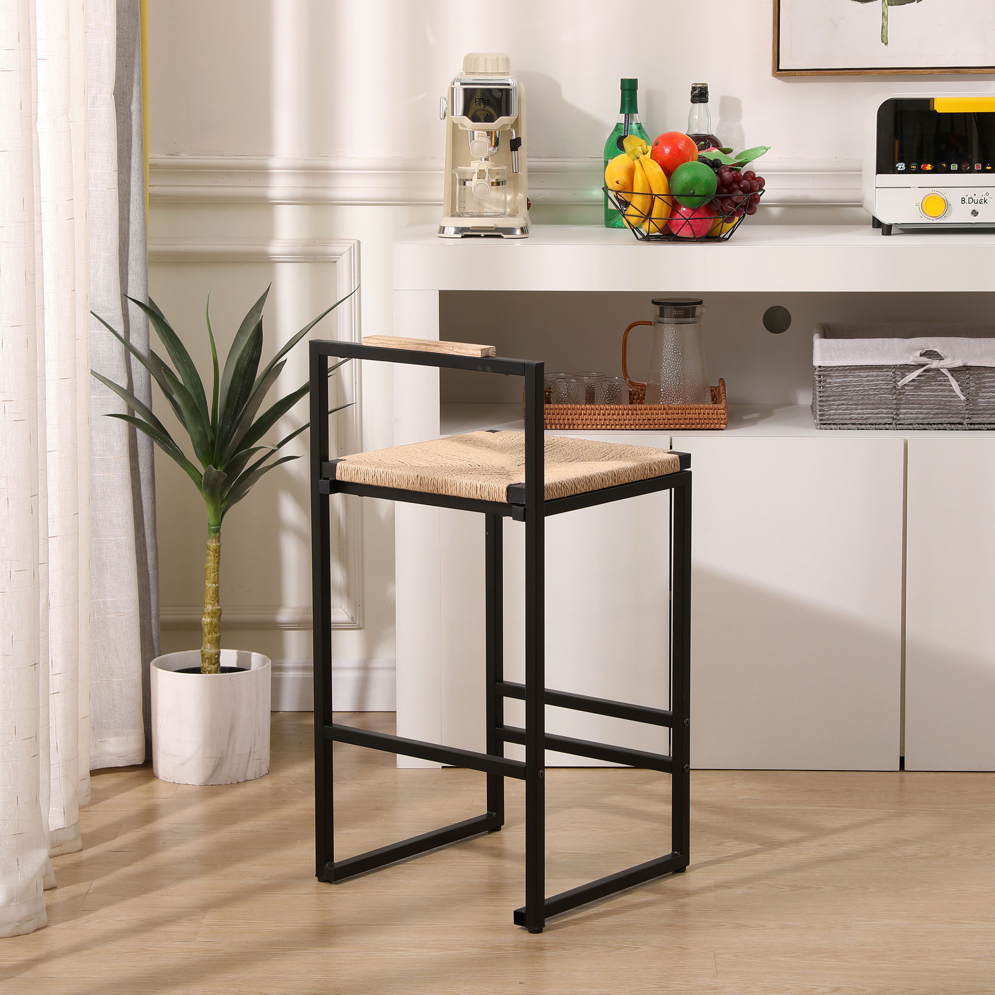 Stylish (Set of 2) Bar Stools With Backrest And Paper Rope Woven Seat, Counter Height Dining Chairs For Kitchen - Natural