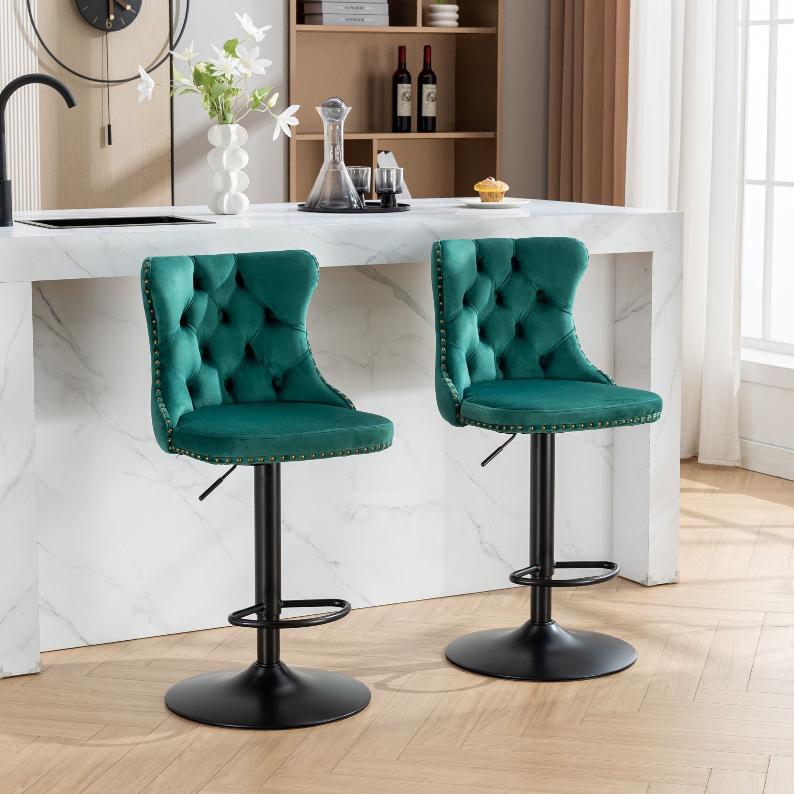 Swivel Barstools Adjusatble Seat Height, Modern Upholstered Bar Stools With Backs Comfortable Tufted For Home Pub And Kitchen Island (Set of 2)