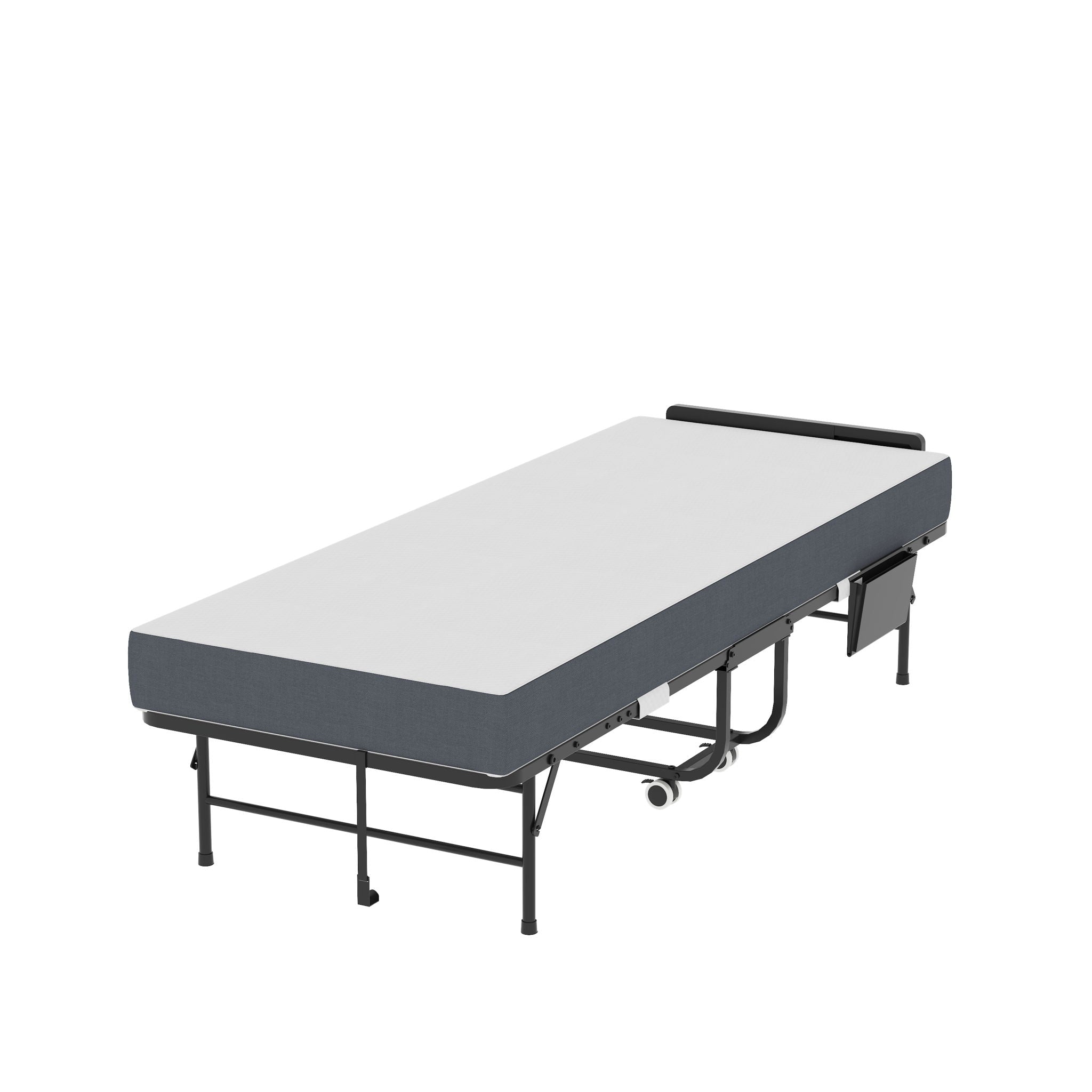 Twin Folding Bed With Adjustable Headboard & Memory Foam Mattress, Portable Coton Wheels For Tall People, Space-Saving Guest Bed - Black