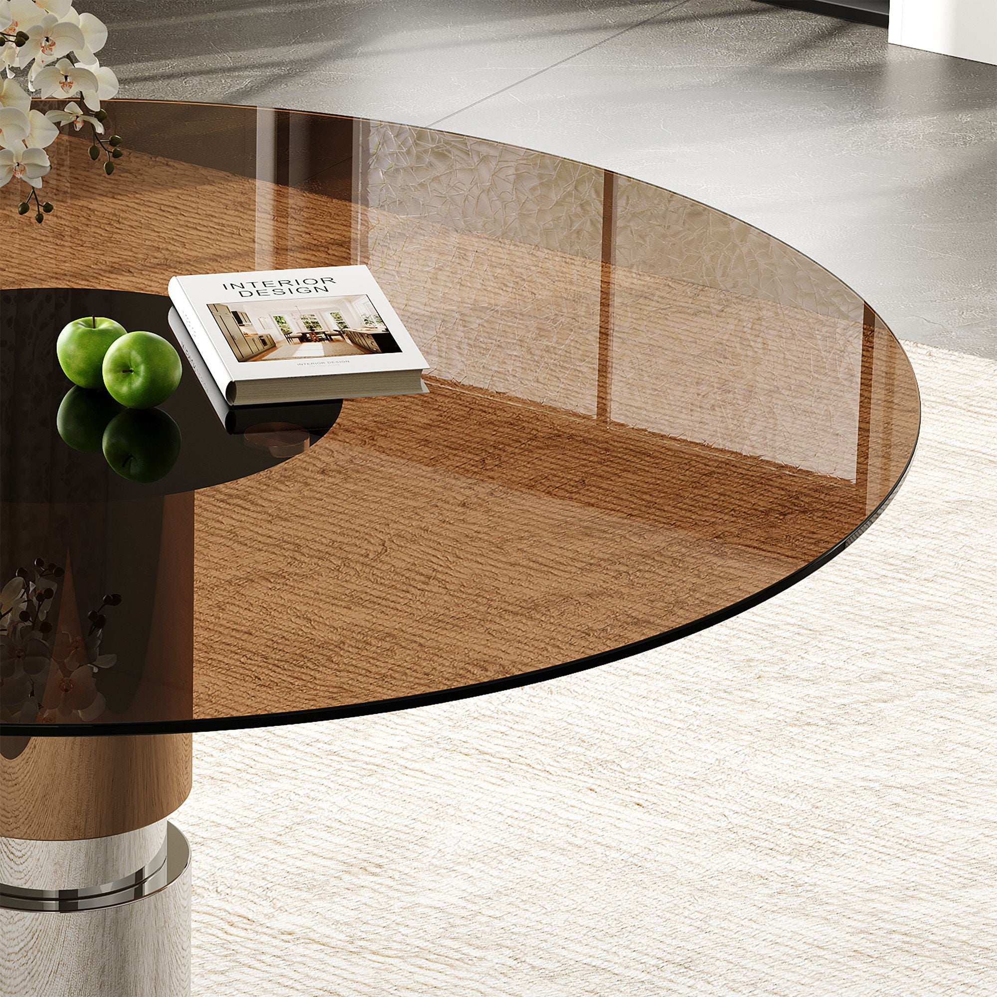 Round Dining Table / Tempered Glass Top - Brown