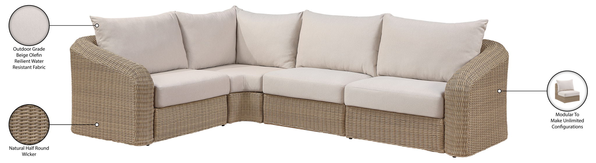 Seacrest - Olefin Water Resistant Fabric And Wicker 4 Piece Outdoor Patio Modular Sectional