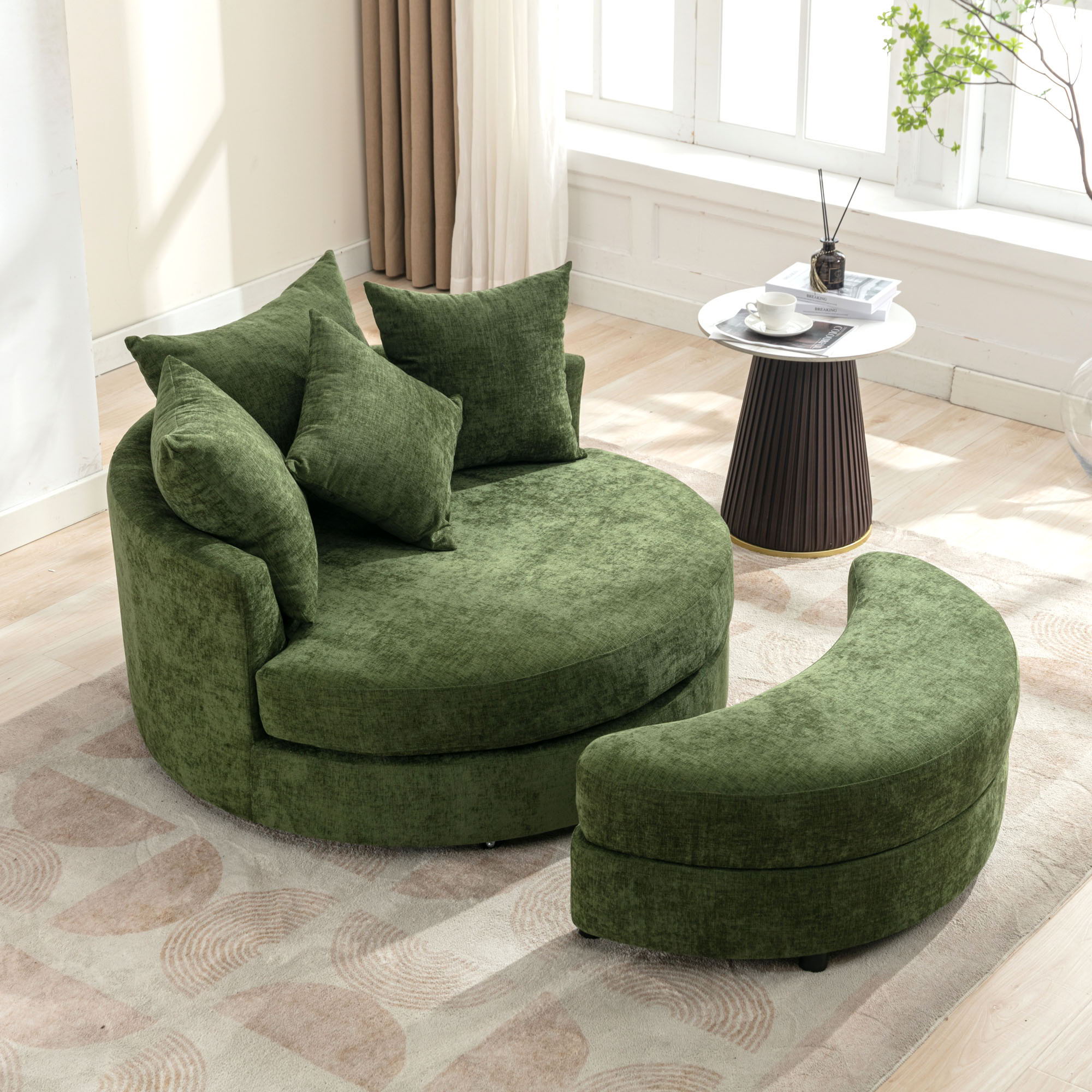 360° Swivel Accent Barrel Chair With Storage Ottoman & 4 Pillows, Modern Leisure Chair Round Accent For Living Room
