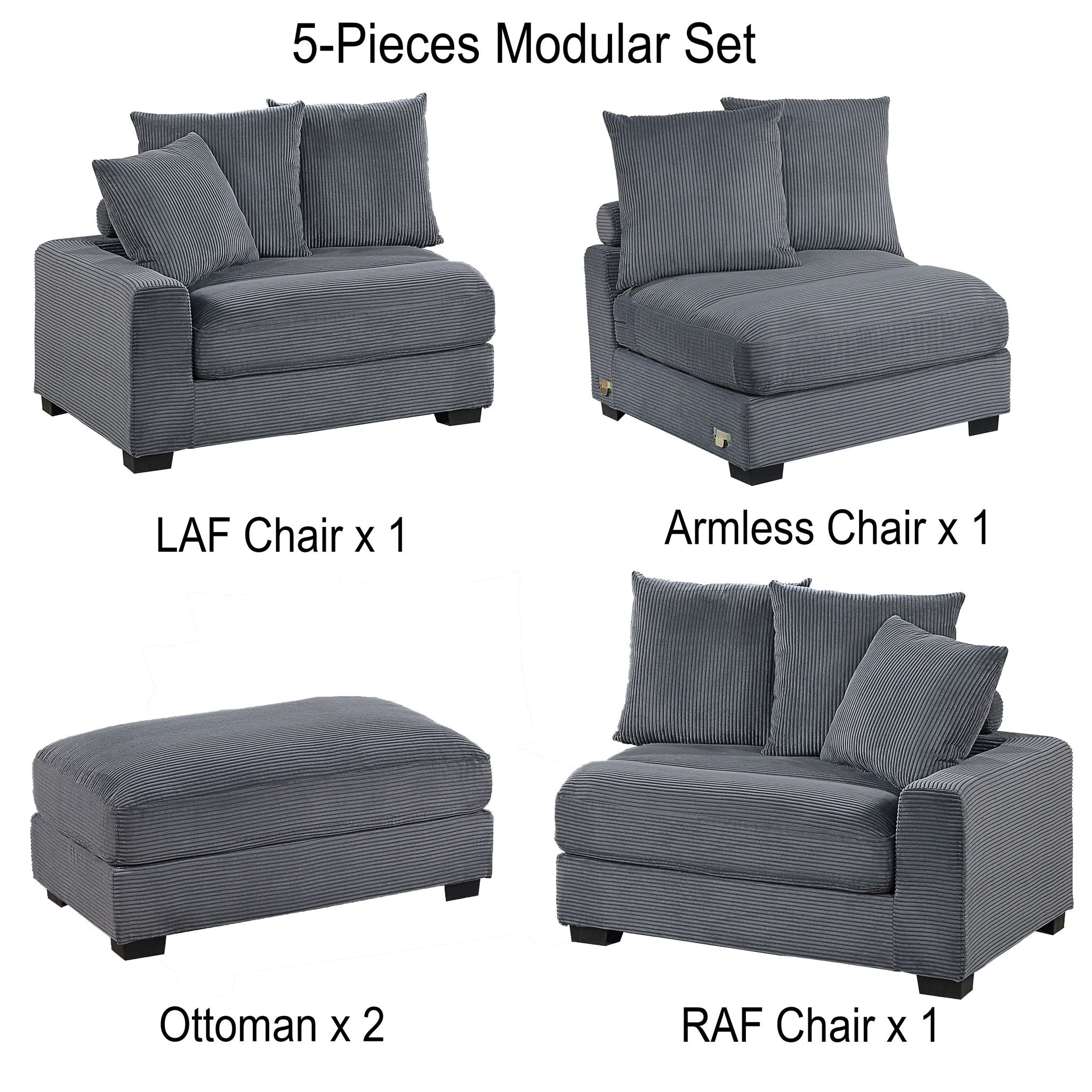 5 Piece Modular Sectional Set Couch With LAF & RAF Chairs, Living Room Furniture - Dark Gray